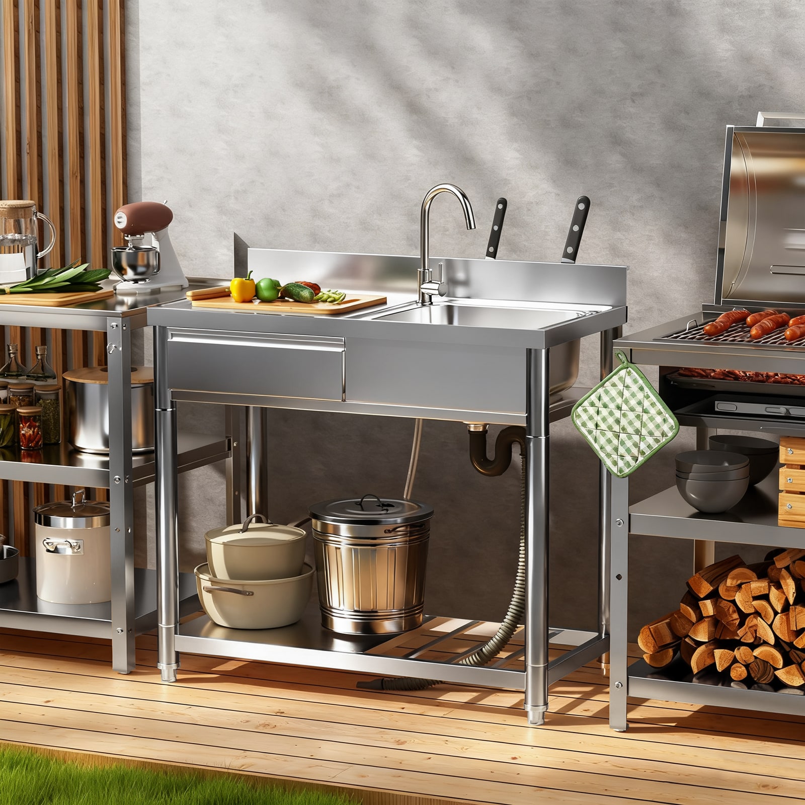 Wooakway 39 x 19.7 x 37 in 304 Stainless Steel Outdoor Utility Sink Station Free Standing Single Bowl Commercial Kitchen Sink with Hot Cold Water Faucet and Drawer Utility Prep Table for Garden Patio