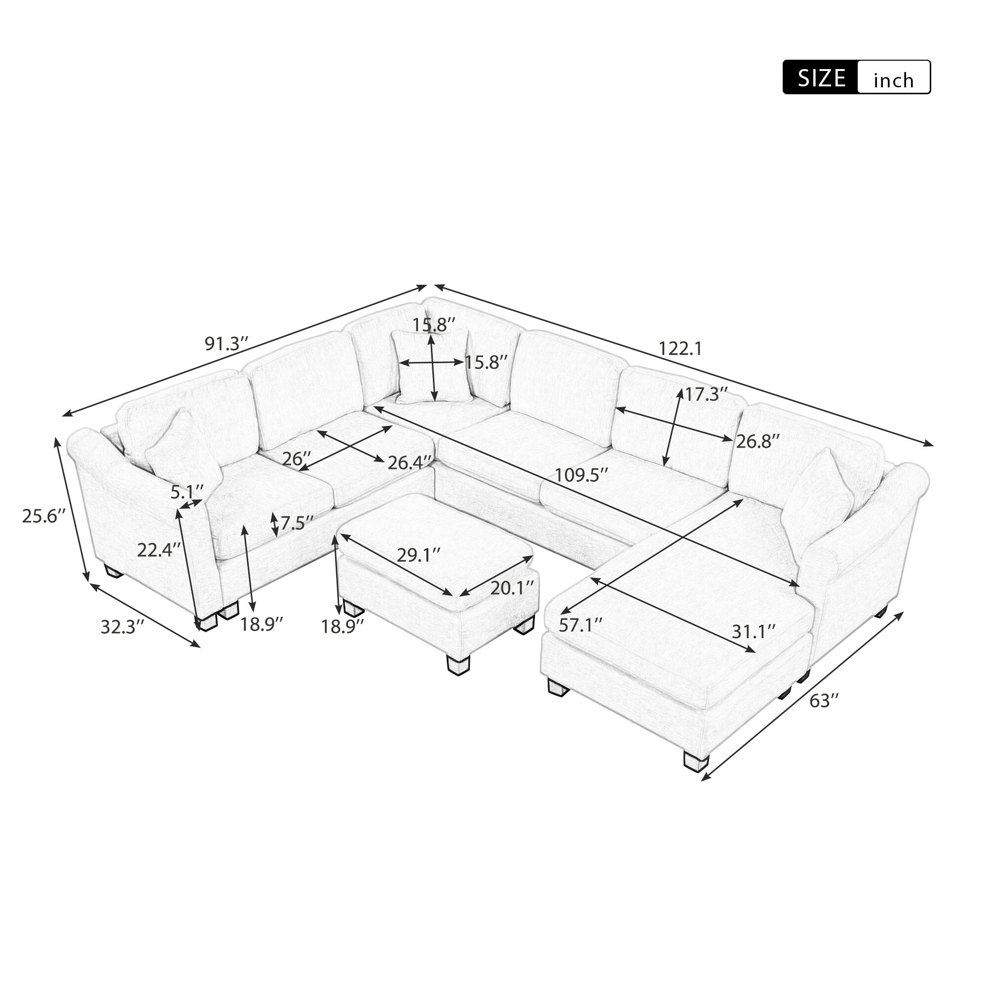 Clihome 4pcs Sectional Sofa with Ottoman 122.1-in Modern Velvet 6 ...