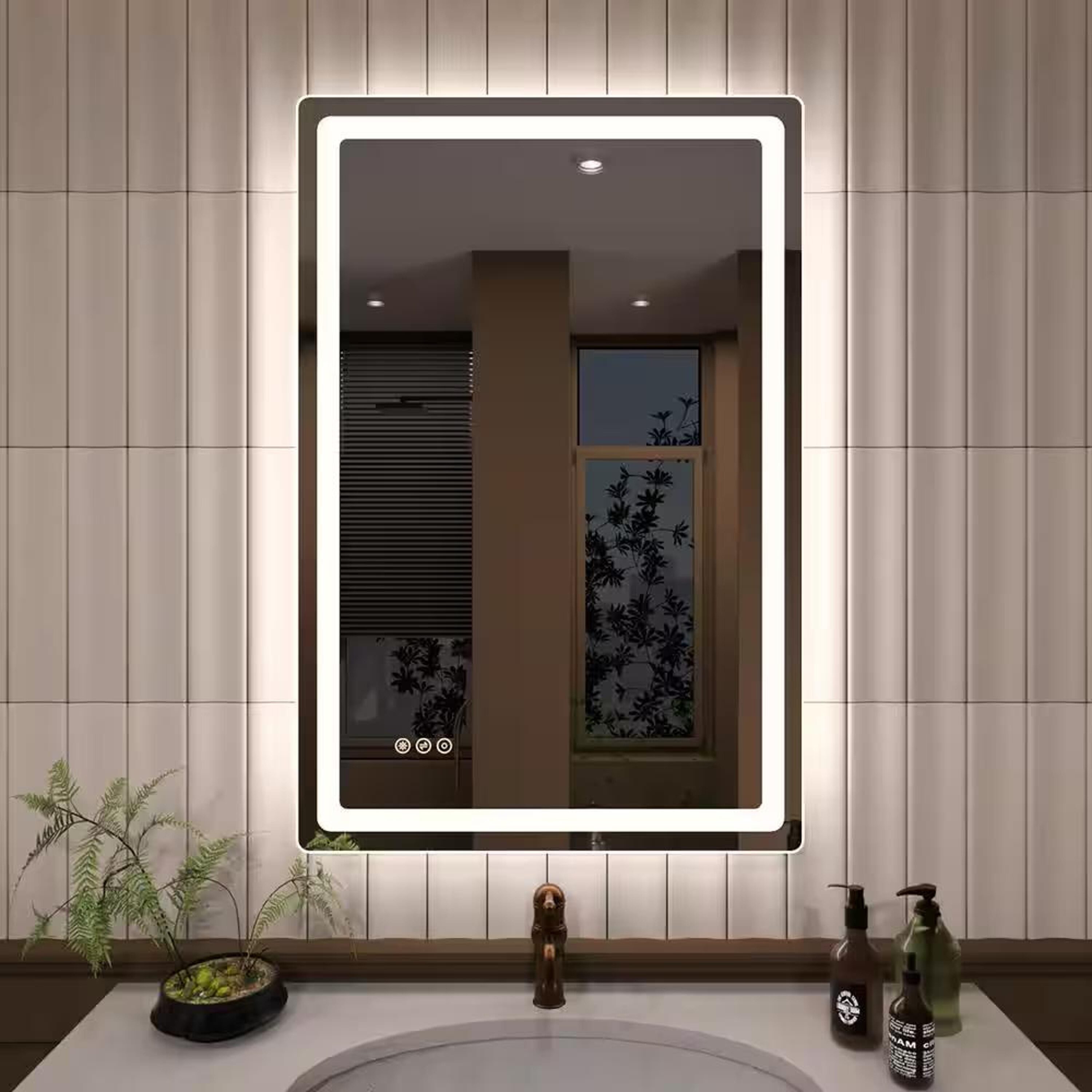 Bayfeve BFKF-2436U4-MIR Modern Multifunctio LED Bathroom Mirror 24-in x 36-in Polished Frameless Rectangle Dimmable LED Lighted Fog Free Bathroom Vanity Mirror ( Clear )