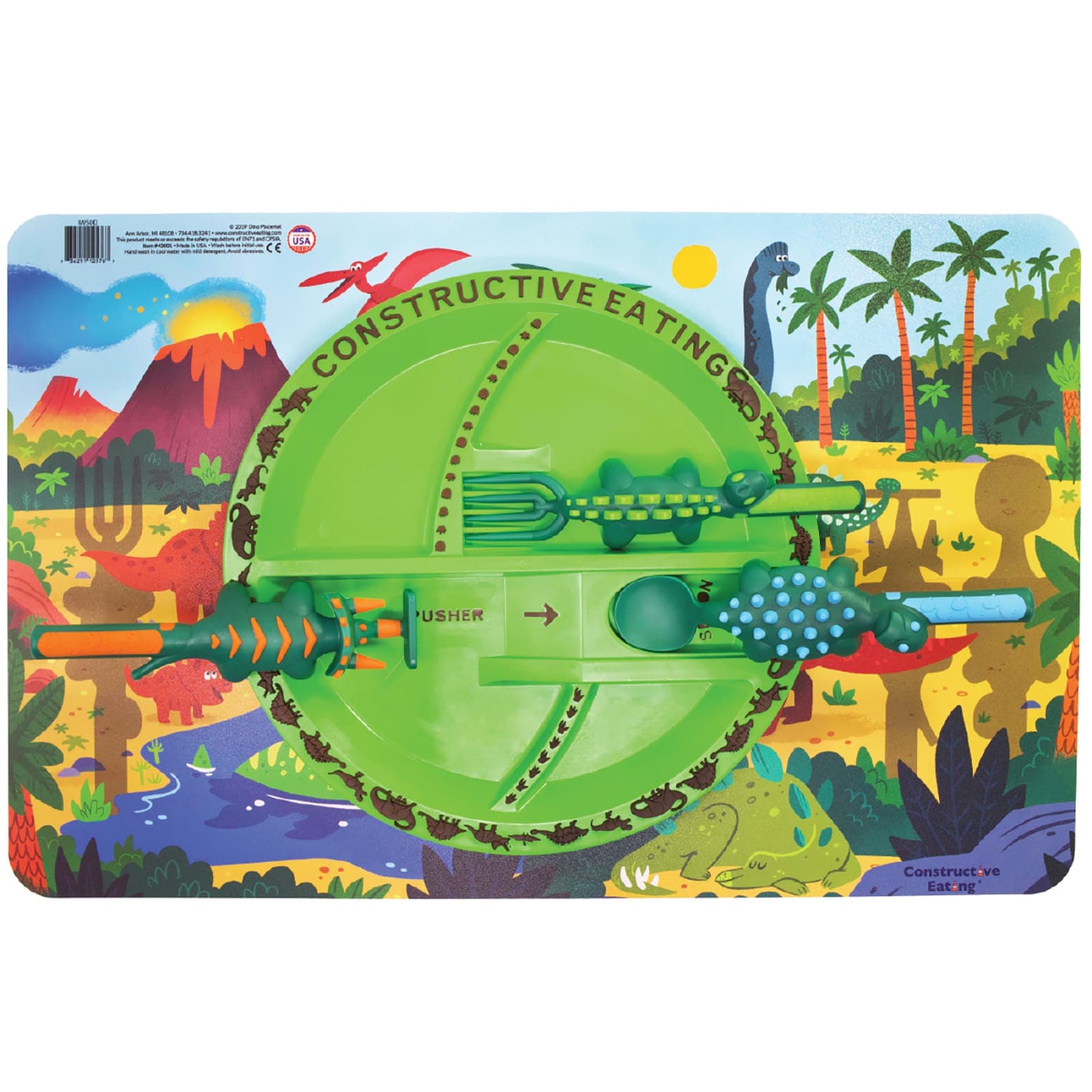 Constructive Eating Dinosaur Utensil Divided Plate and Placemat Set for Kids and Toddlers #DNUTPLPC