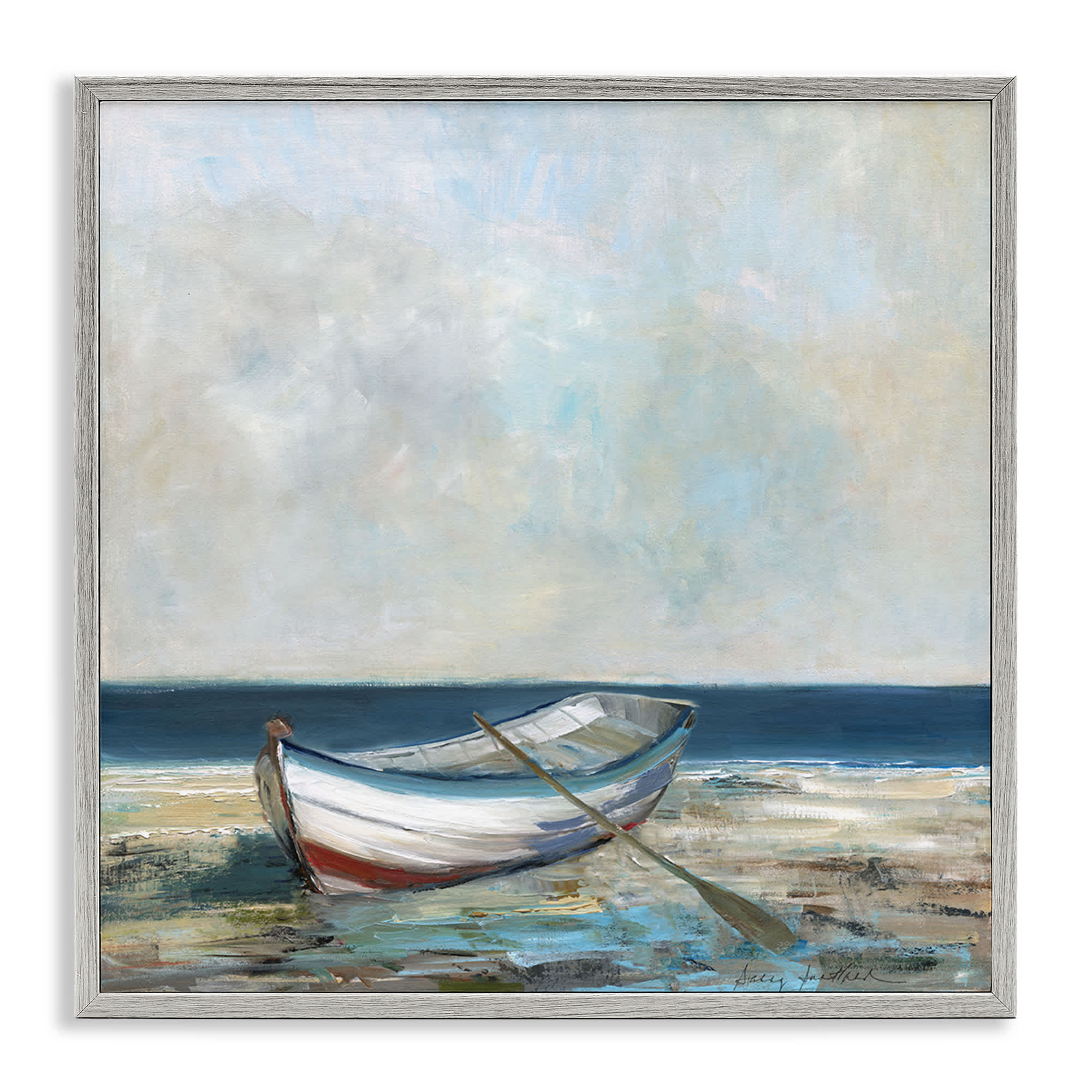 Stupell Industries BS-150-GFF-12X12 Boat and Oar on Shore Gray Framed Giclee Art By Sally Swatland 12 x 12