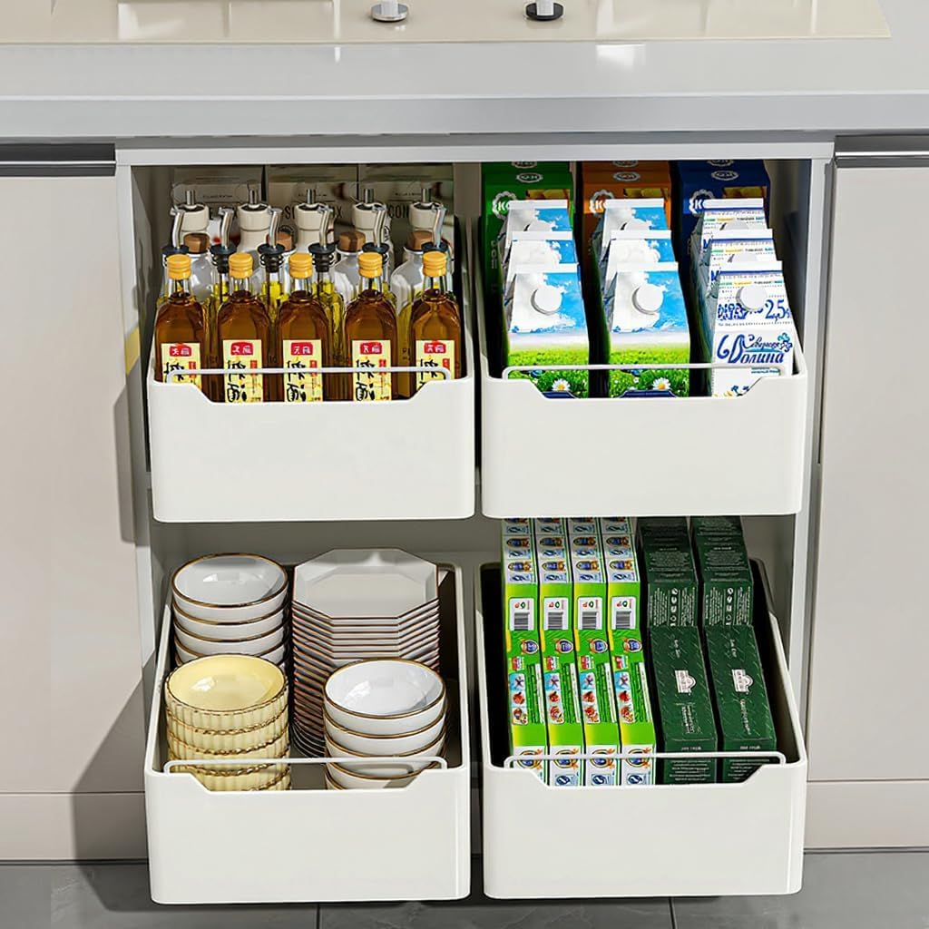 Idealhouse Pull Out Cabinet Organizer 30Cm Width No Drilling Extendable Slide Out Metal Rack Multi Functional Storage for Kitchen Pantry Under Basin White