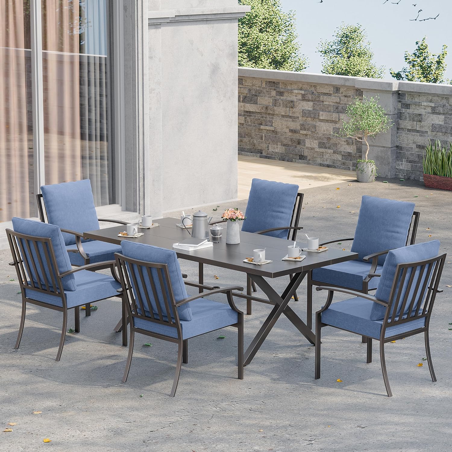 ALAULM LS-6DM-NAVY 7 -Piece Brownish Black Patio Dining Set Iron Rectangle Table with 6 Blue Cushions Stackable Swivel Rocker Chairs