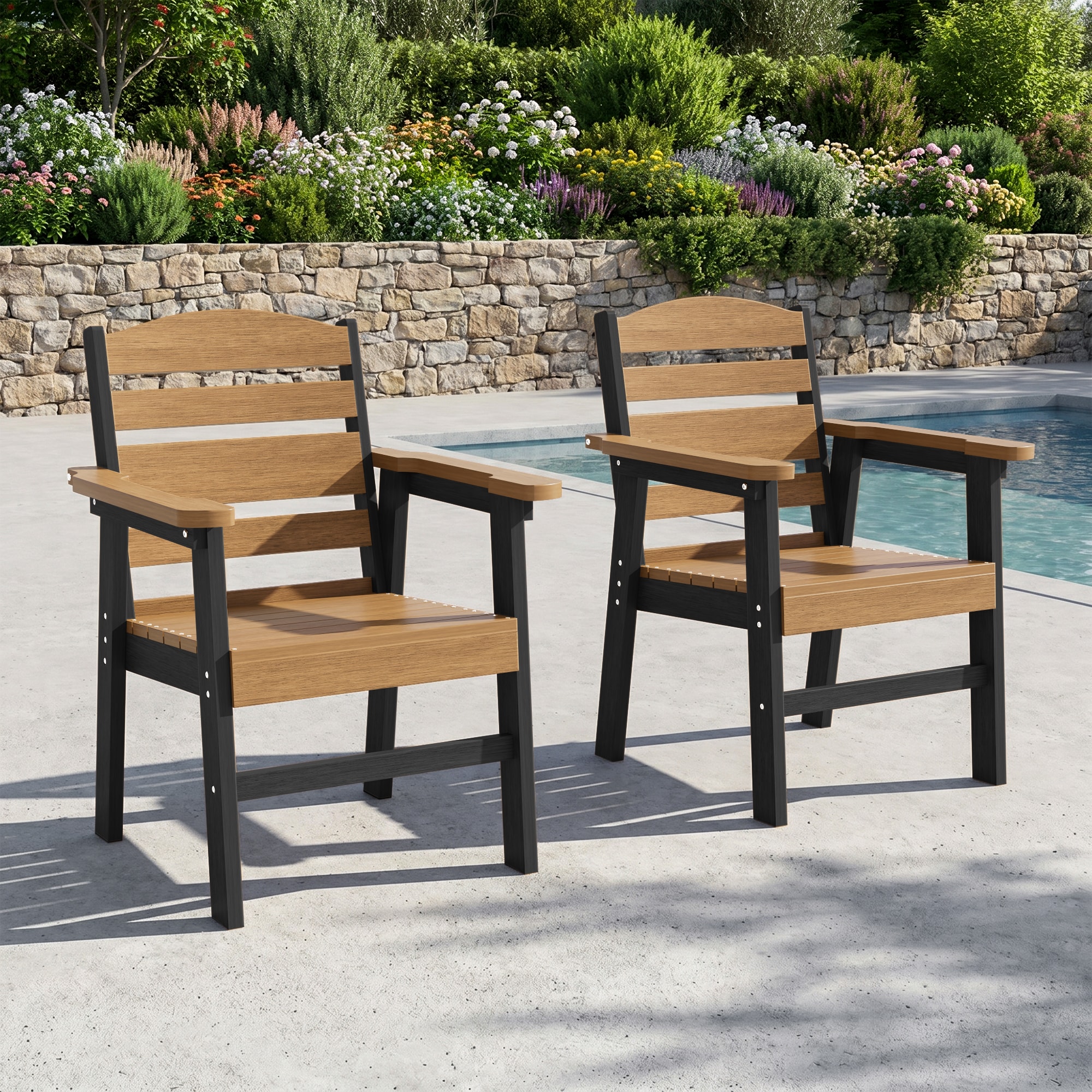 Rattaner - Black with Teak Dining Chairs HDPE Frame set of 2 Stationary Chair with Slat Seat