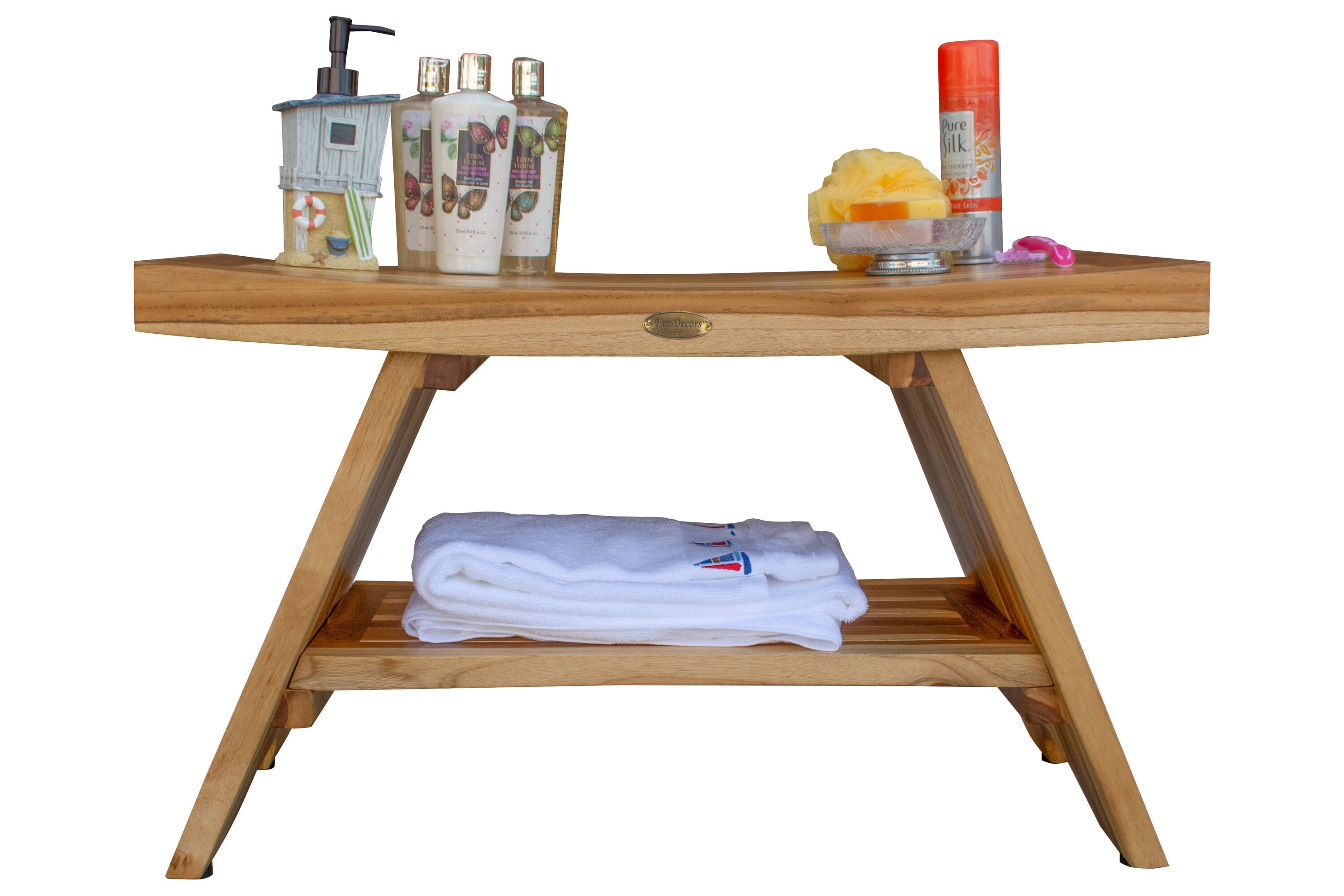 30" Earthy Teak Wood Shower Bench with Shelf
