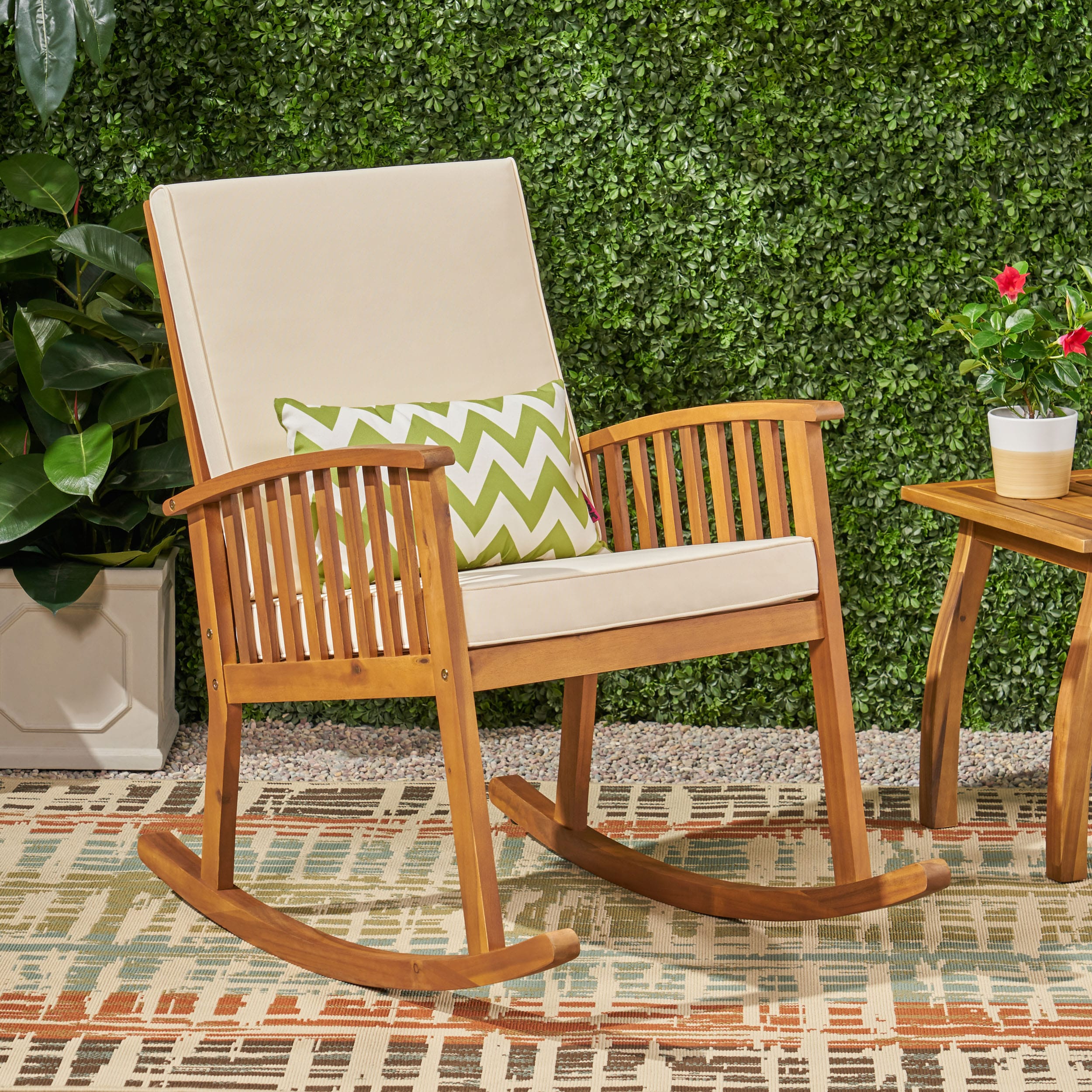 Casa Brown Acacia Wood Rocking Chair with Beige Cushions