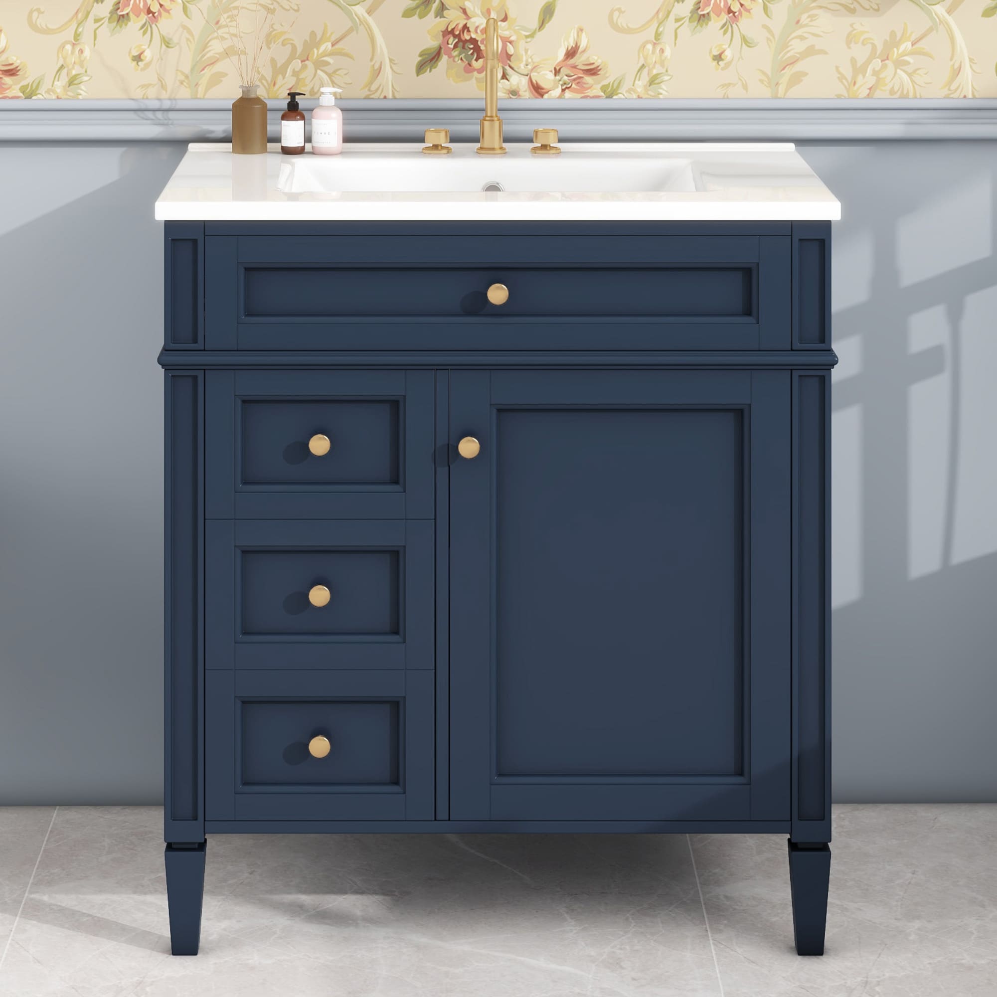 CASAINC CA-VBV-55391 30-in Blue Undermount Single Sink Bathroom Vanity with White Ceramic Top