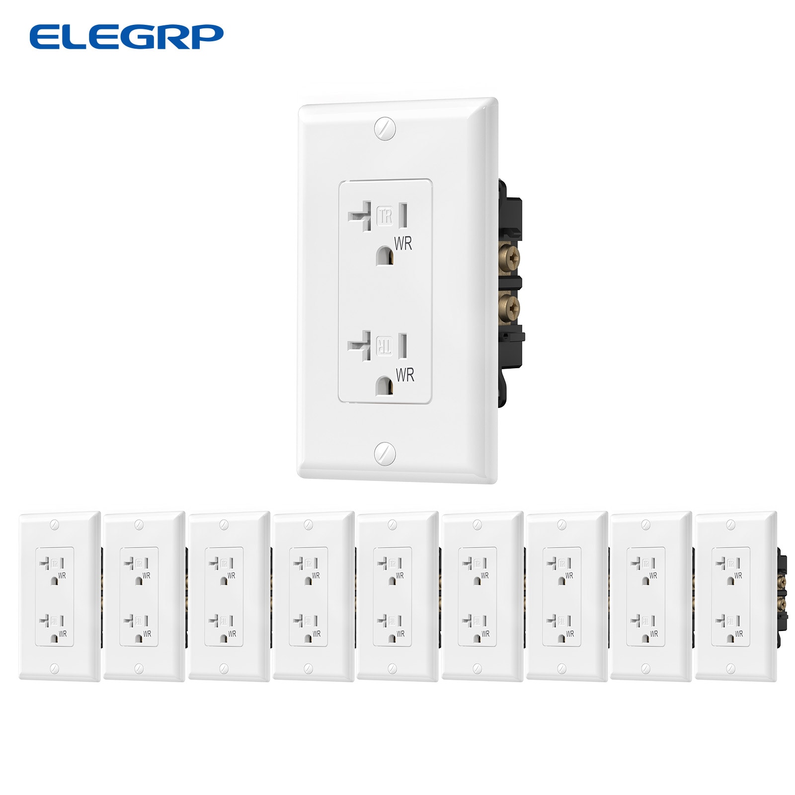 ELEGRP  Decorative Receptacles 2 Pole 3 Wire Grounding Tamper Resistant Weather Resistant 20A 125V NEMA 5 20R White 10 Pack
