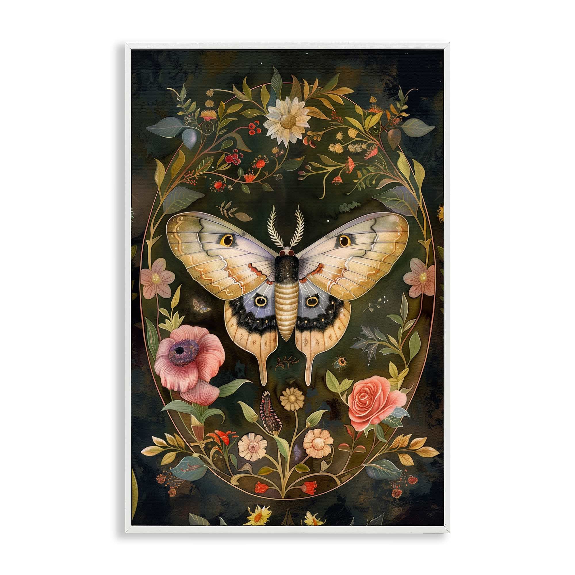 Stupell Industries BT-889-WFR-16X24 Victorian Botanicals and Moth White Framed Giclee Art By The Dutch Lady 16 x 24