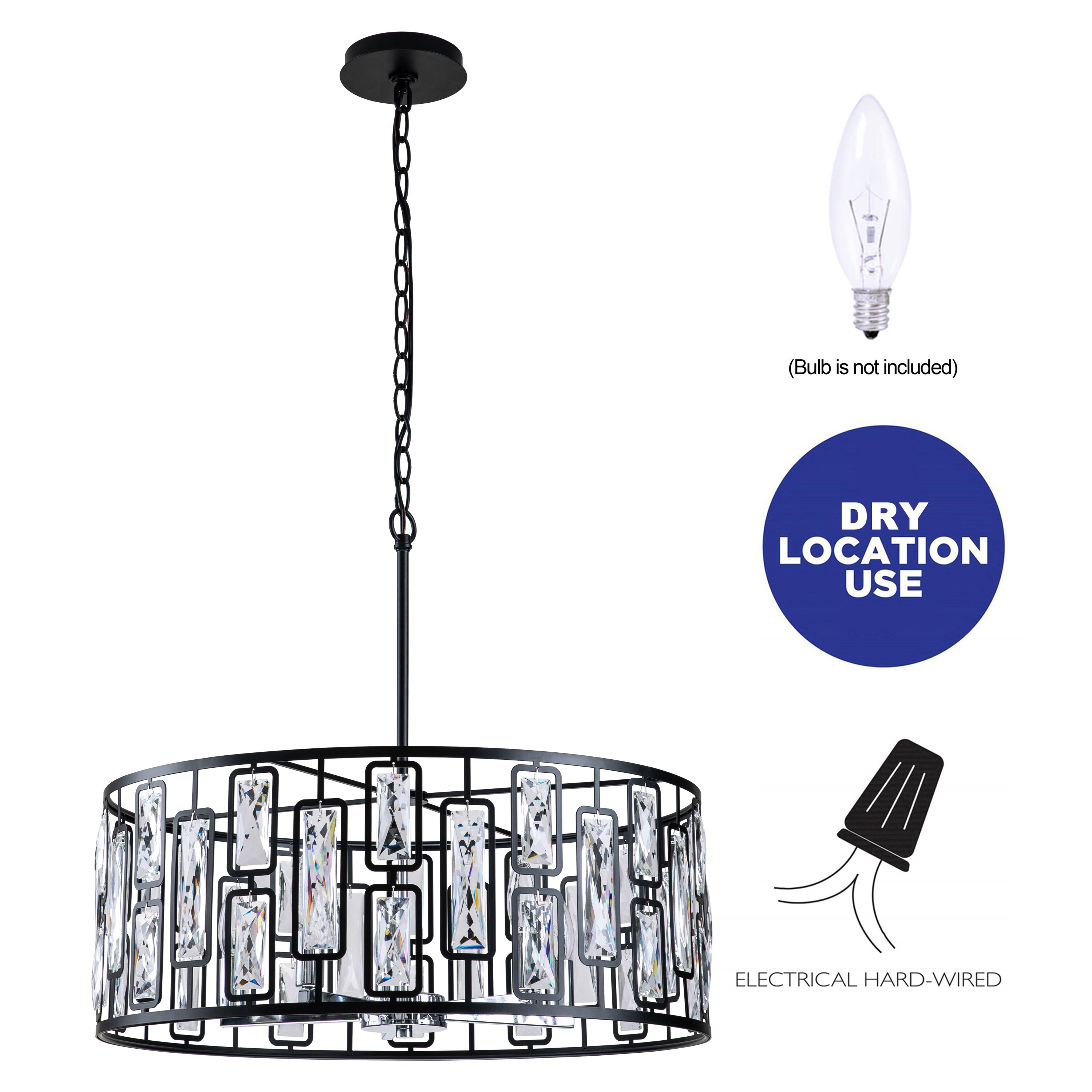 Black and Chrome Crystal Drum Chandelier with Faceted Accents