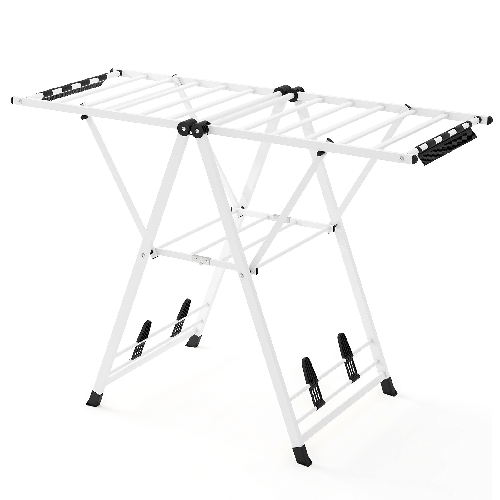 Slickblue Foldable White/Beige Metal Clothes Drying Rack with Adjustable Wings 16 Drying Rails Sock Clips and Shoe Holders for aundry Room Balcony or Backyard #D-CO-HW92301ZJ