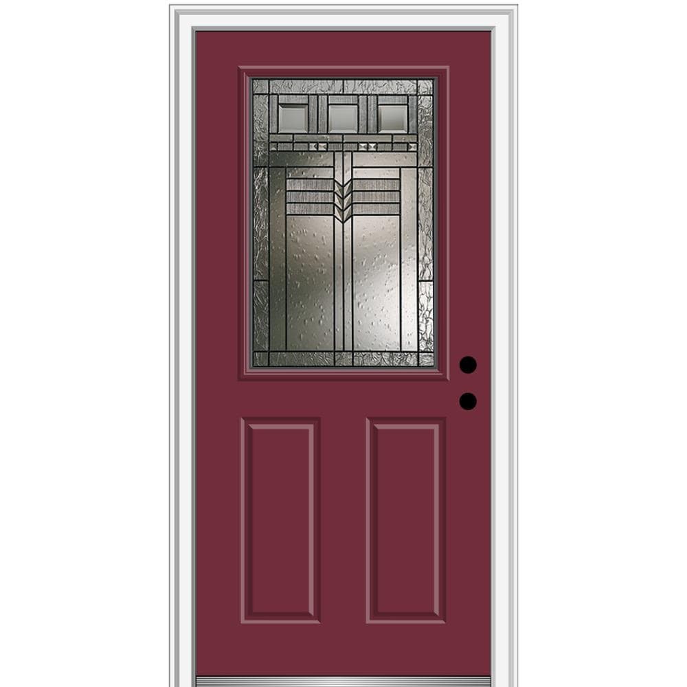 MMI DOOR ZZ3664108L 34-in x 80-in x 4-9/16-in Fiberglass Half lite Left-hand inswing Burgundy Painted Prehung Front Door with Brickmould Insulating core