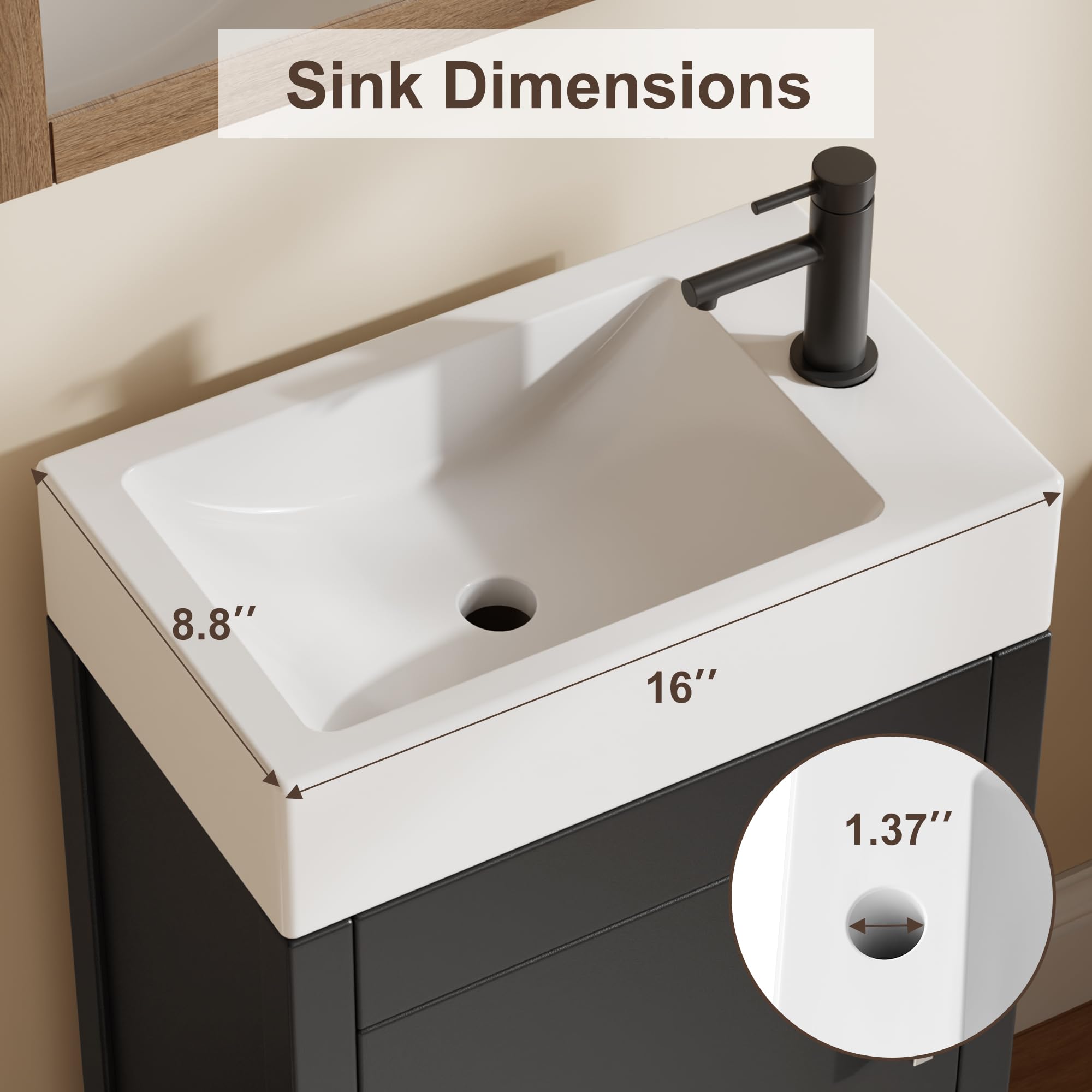 GarveeLife 16 Inch Black Single Sink Bathroom Vanity with White Sink in