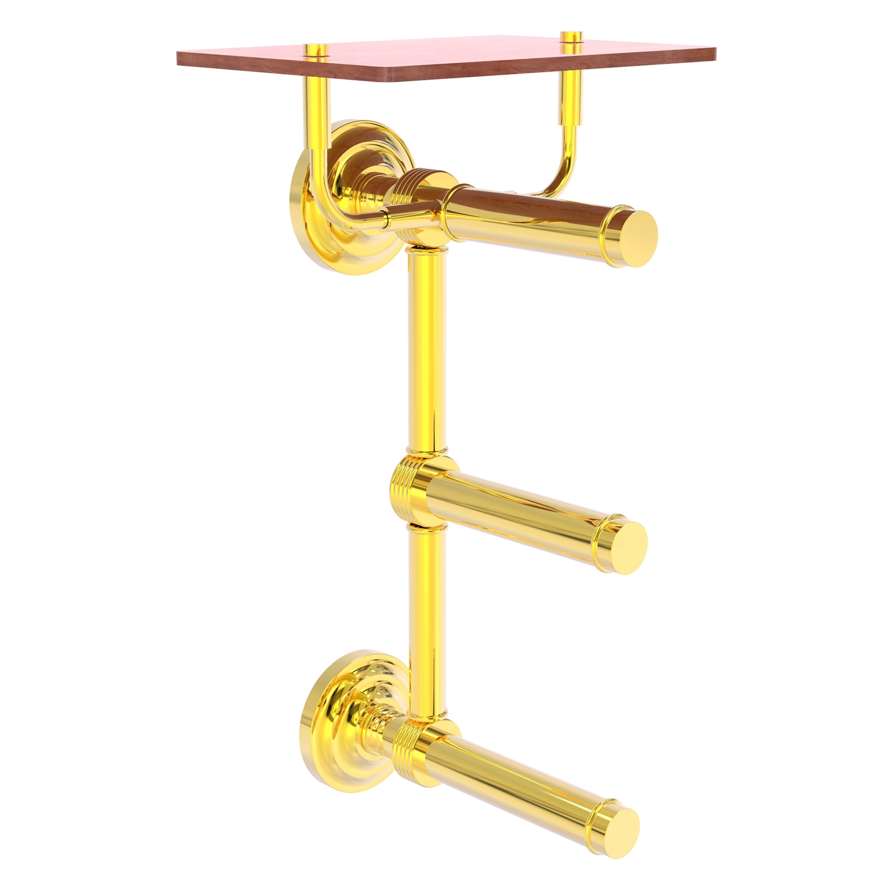 Polished Brass Wall Mounted 3 Roll Toilet Paper Holder with Wood Shelf