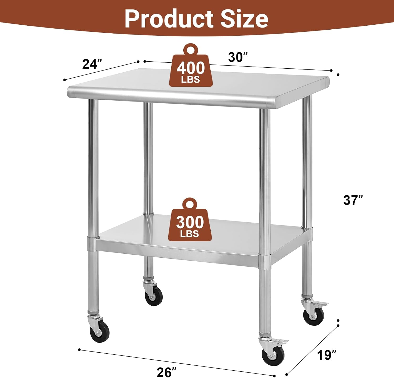 Zevemomo 24 inch x 30 inch Stainless Steel Table with Wheels and ...