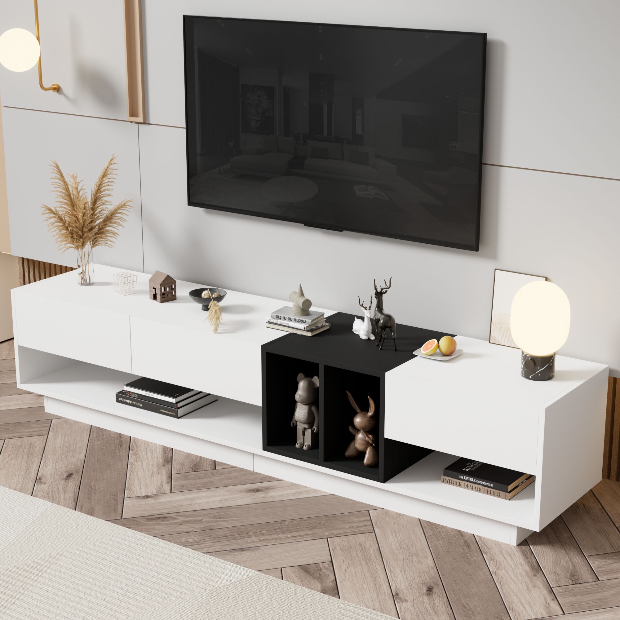 ModernLuxe WF311772AAK Sleek and Stylish TV Stand with Perfect Storage Solution Twotone Media Console for TVs Up to 80inch Functional TV Cabinet with Versatile Compartment for Living Room White