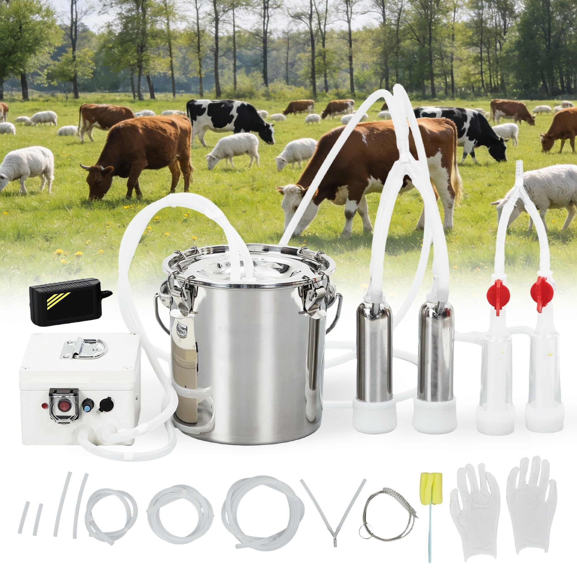 GarveeLife Electric Milking Machine for Cows Goats 6L Stainless Steel Bucket 2in1 Automatic Pulsation 4 Teat Cups Portable Rechargeable Milker Adjustable Suction Builtin 12V 8000mAh