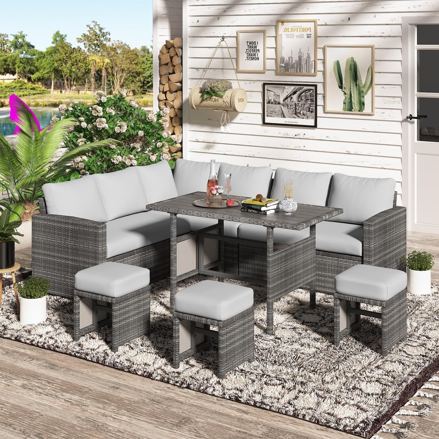 AECOJOY GGOT0040/168KH-LS01 Conversation Set Outdoor Sectional with Light gray Cushions and Wicker Frame