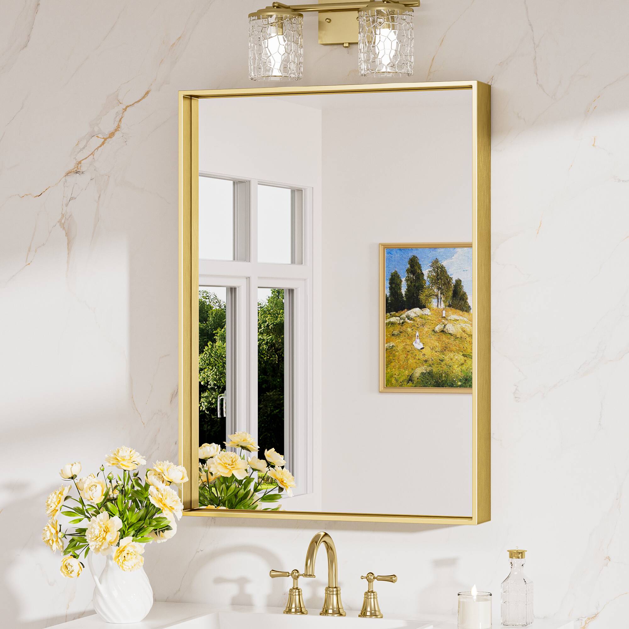 Keonjinn LW-JZ-JSKFJ-5576BD Bathroom Mirrors 22-in W x 30-in H Rectangle Brushed Gold Framed Wall Mirror