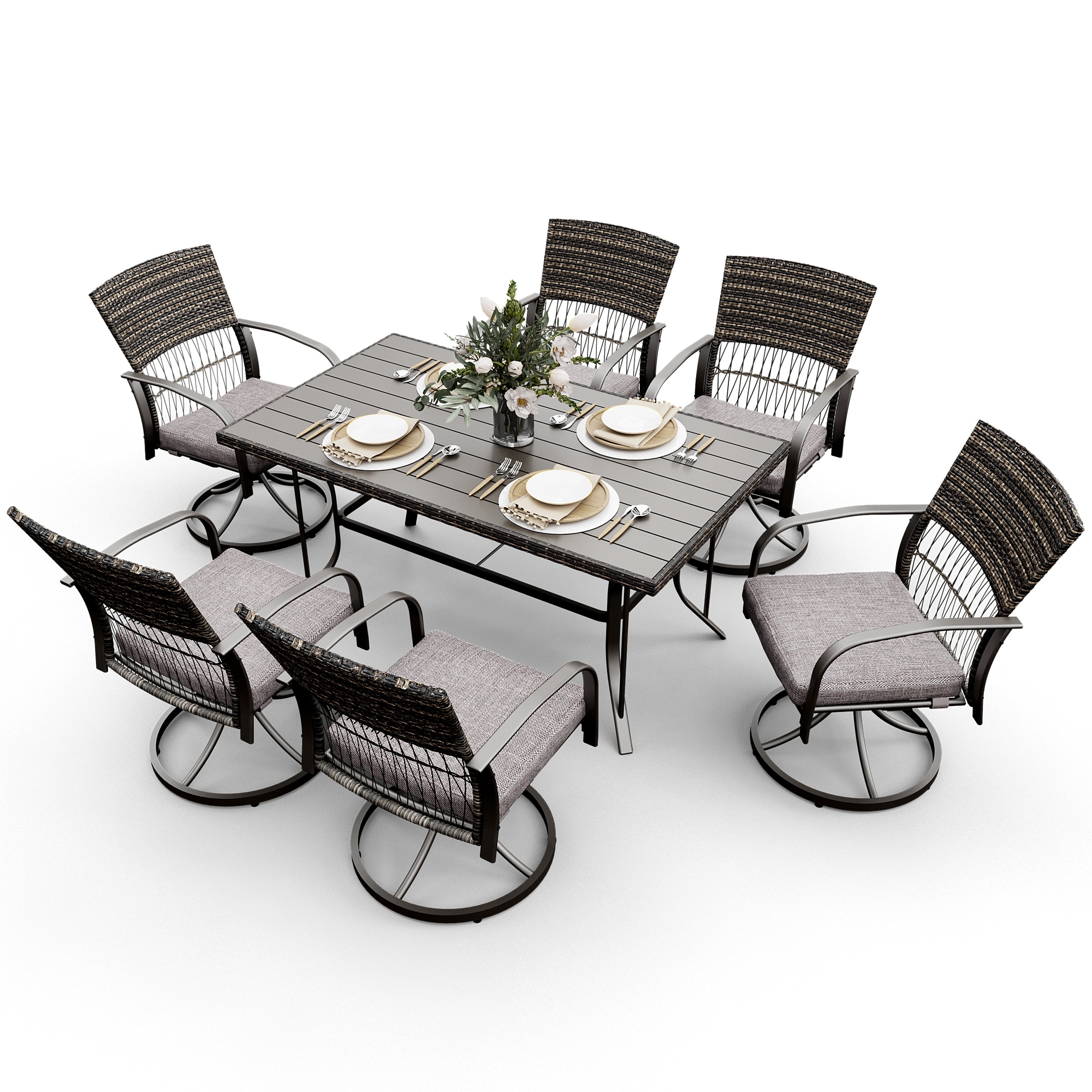 PamaPic TB-CZ-ZY-7JT-G-WL1 7 -Piece Black Rattan Patio Dining Set Iron Rectangle Table with 6 Gray Cushions Swivel Chairs