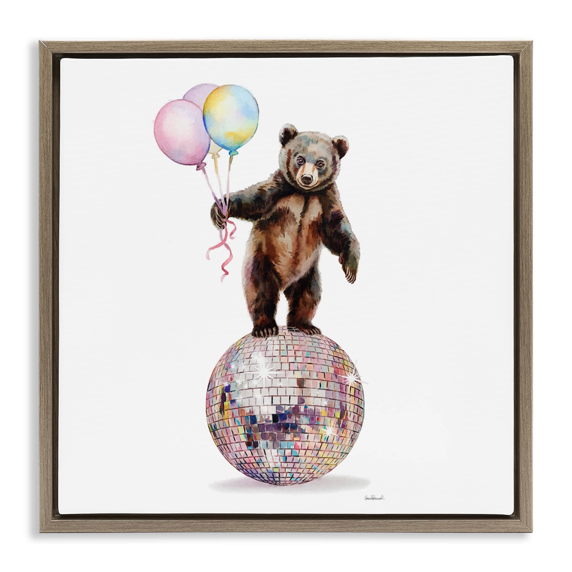Stupell Industries BS-128-FFE-24X24 Bear and Balloons Disco Brown Framed Floater Canvas Wall Art By Amanda Greenwood 25 x 25