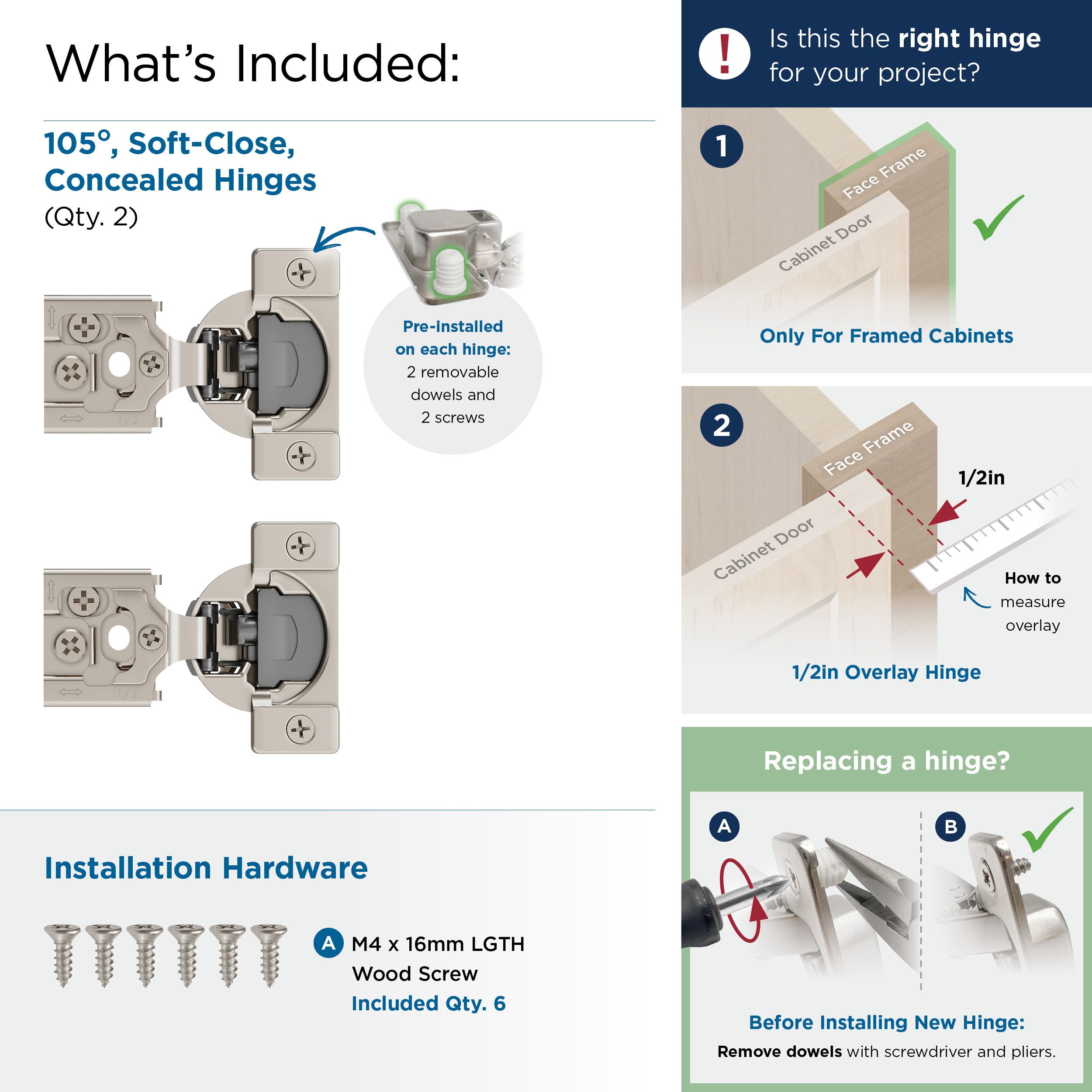 Nickel 1/2 inch Overlay Soft-Close Concealed Cabinet Hinge Pair