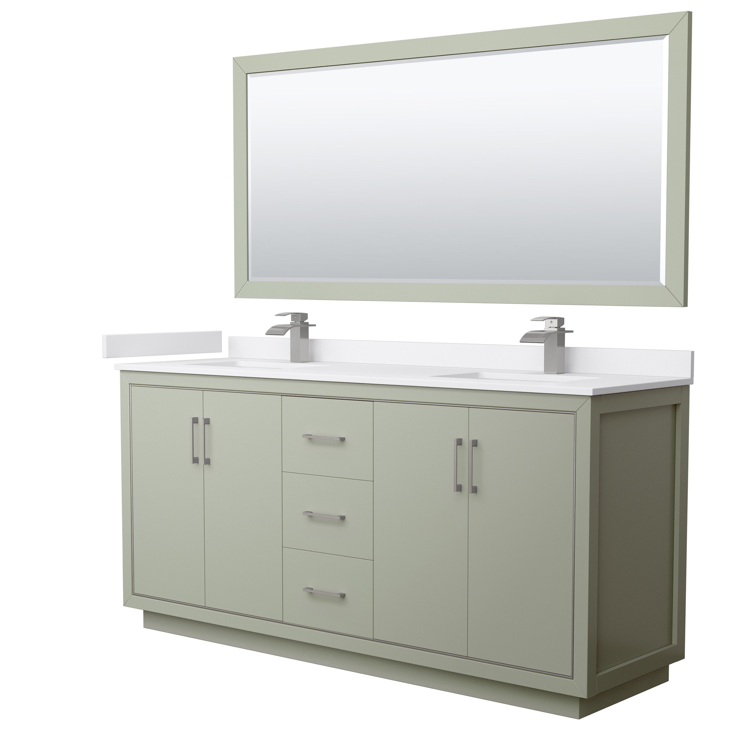 Wyndham Collection WCF111172DLGWCUNSM70 Icon 72-in Light Green with Brushed Nickel Trim Undermount Double sink Bathroom Vanity with White cultured marble Cultured marble Top (Mirror Included)