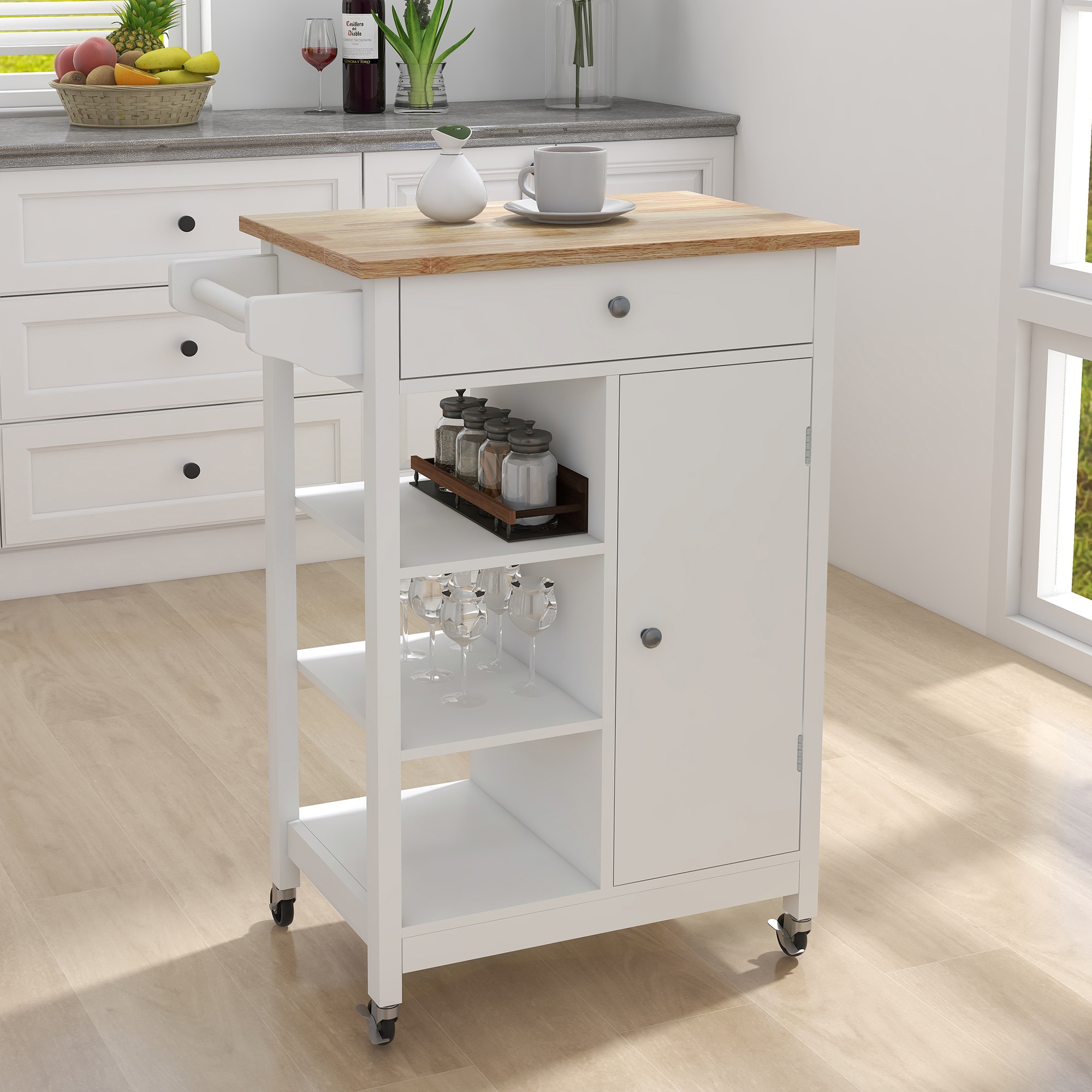 BABOOM BOM-8235382-OR White MDF Base with Wood Wood Top Rolling Kitchen Island ( 15.55-Inches x 25.98-Inches x 34.06-Inches )