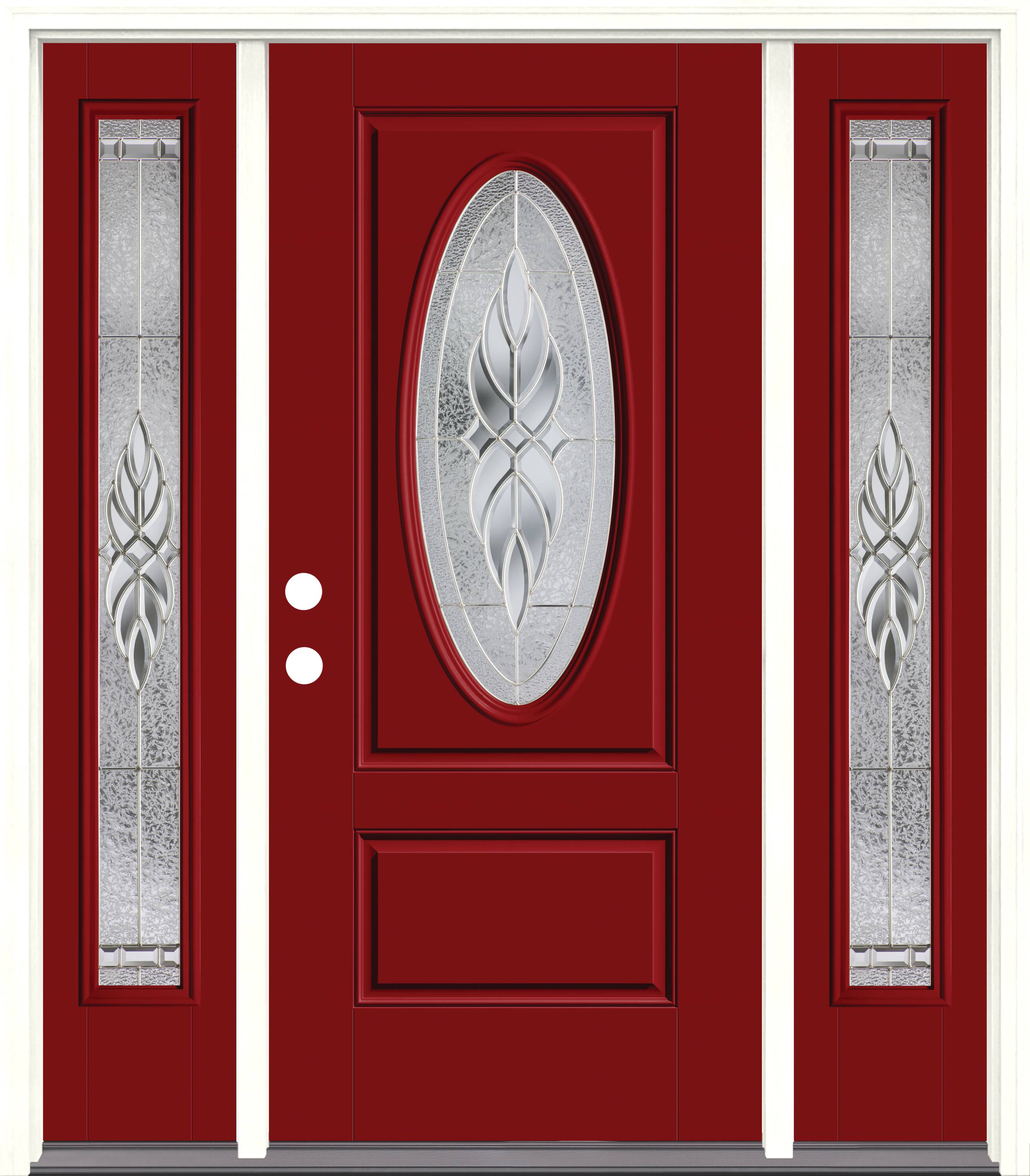 Therma-Tru Benchmark Doors TTB641602SOS Varissa Entry Door 64-in x 80-in x 4-9/16-in Fiberglass Oval lite Right-hand inswing Real Red Painted Prehung Front Door with Sidelights with Brickmould Insulating core