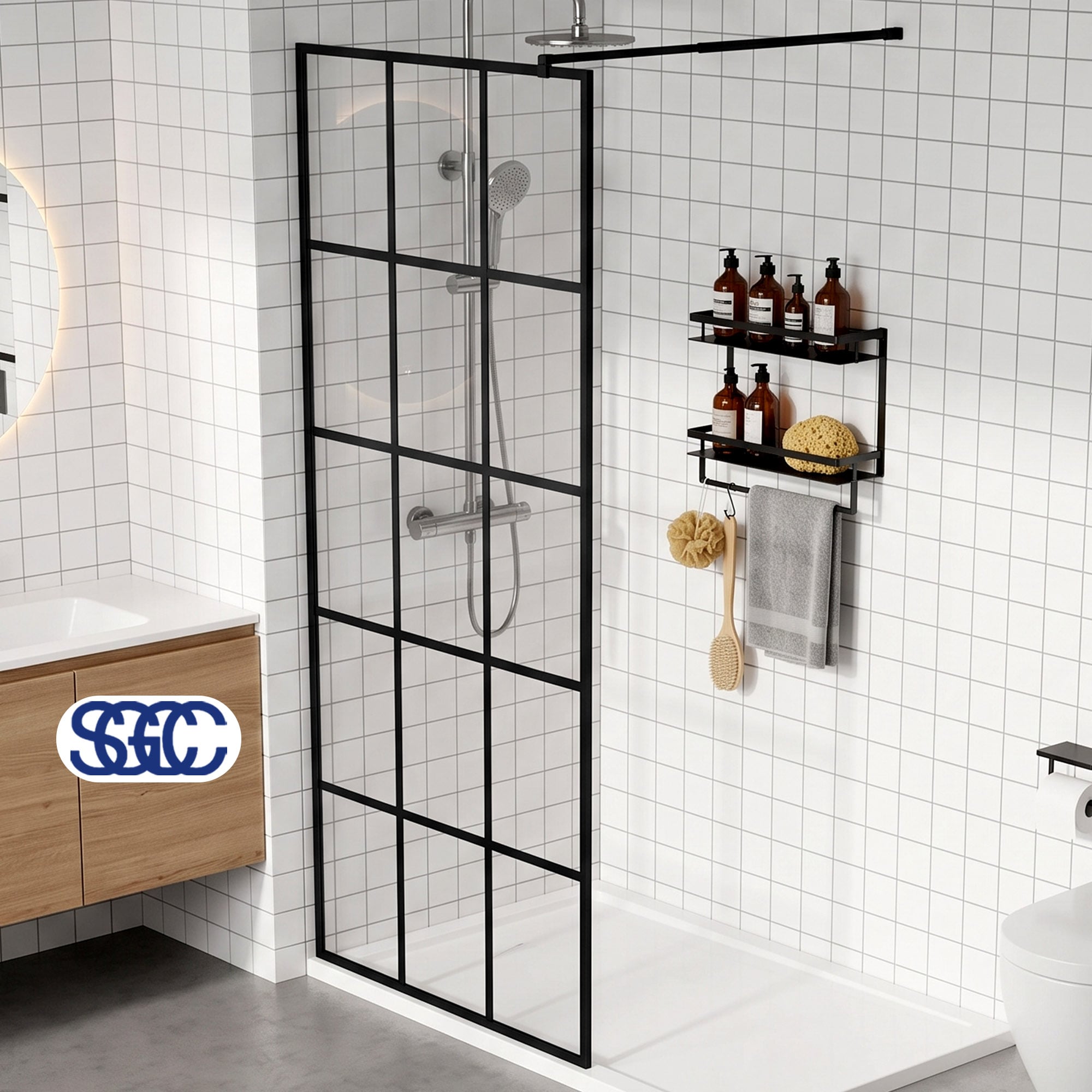 Cuschoice  34 in W x 72 in H Black Aluminum Frame Shower Screen 6mm SGCC Silk-Printed Tempered Glass Support Bar  Reversible