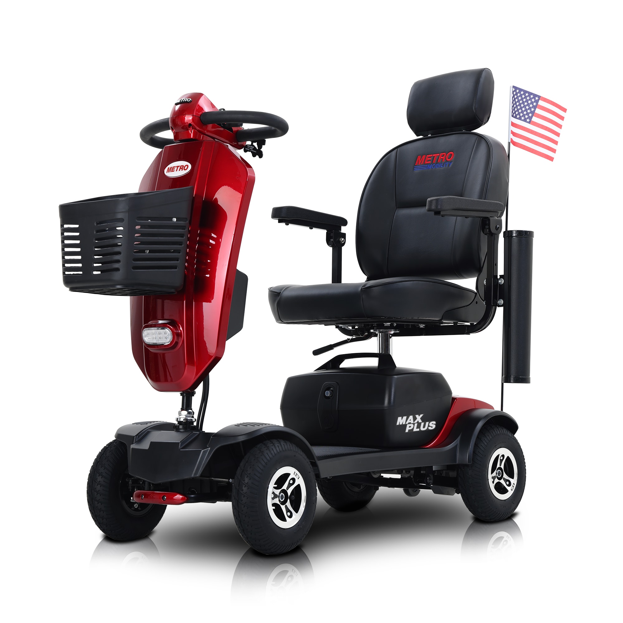Lirago Max Plus Red Four Wheels Outdoor Compact Mobility Scooter Two Pieces 20AH Lead Acid Battery 16 Miles Max Driving Range Cup Holders USB Charger Port