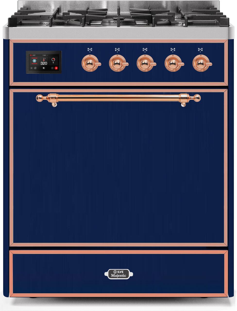 ILVE UM30DQNE3MBPNG Majestic 137 30-in Deep Recessed 5 Burners Convection Oven Freestanding Dual Fuel Range (Blue/Copper Trim)