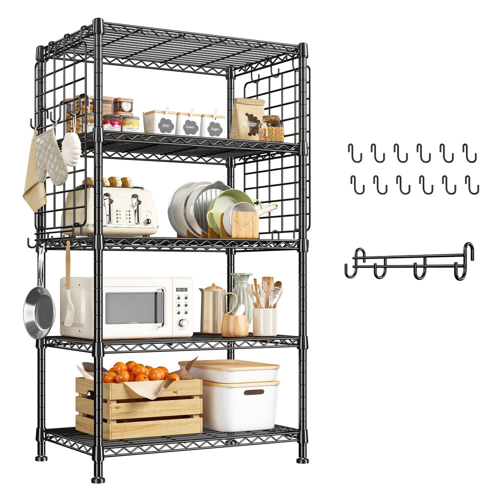 Raybee 29.5-in W x 11.8-in D x 59.1-in H 5-Tier Black Metal Utility Shelving Unit with Wire Net And Hooks