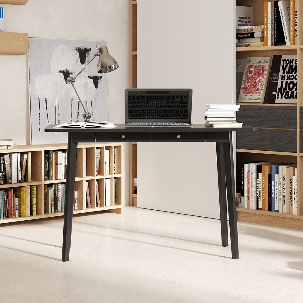 Homsee V-KF210327-01 Black MDF and Rubberwood Writing Desk with Drawer and Gold Handle Rounded Corner Study Table for Home Office