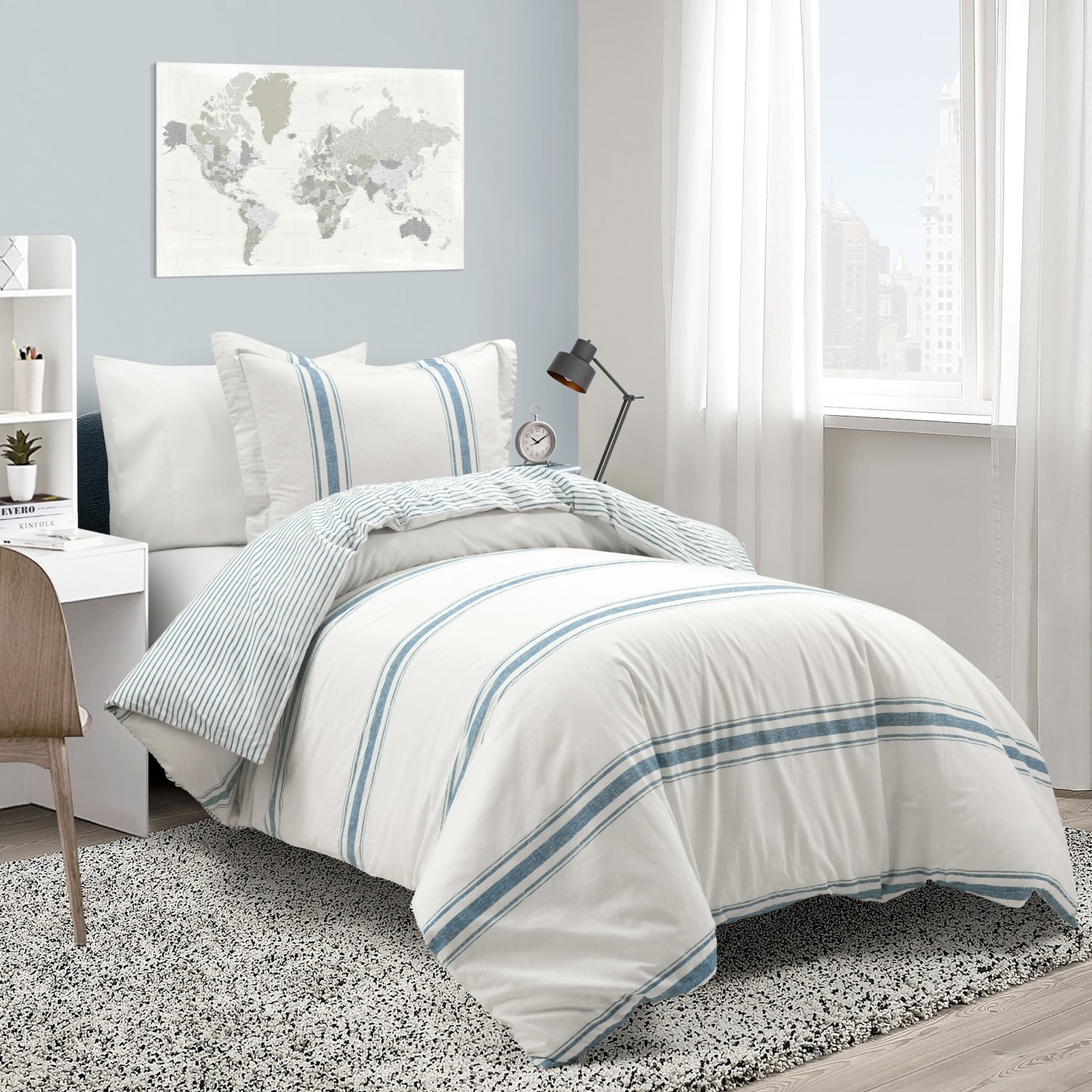 Blue and White Cotton Twin XL Reversible Duvet Cover Set