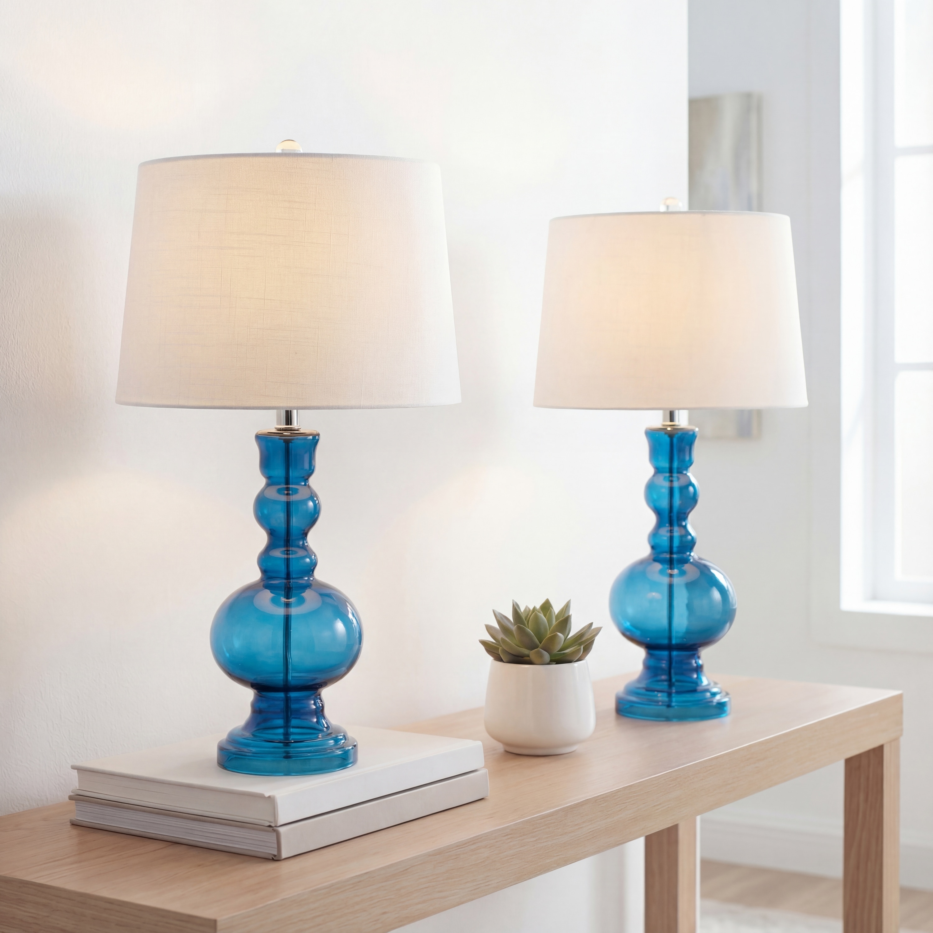 JONATHAN  Y Genie Glass Contemporary Transitional 28.5-in Night Blue LED Rotary socket Table Lamp with Linen Shade 2 -Set