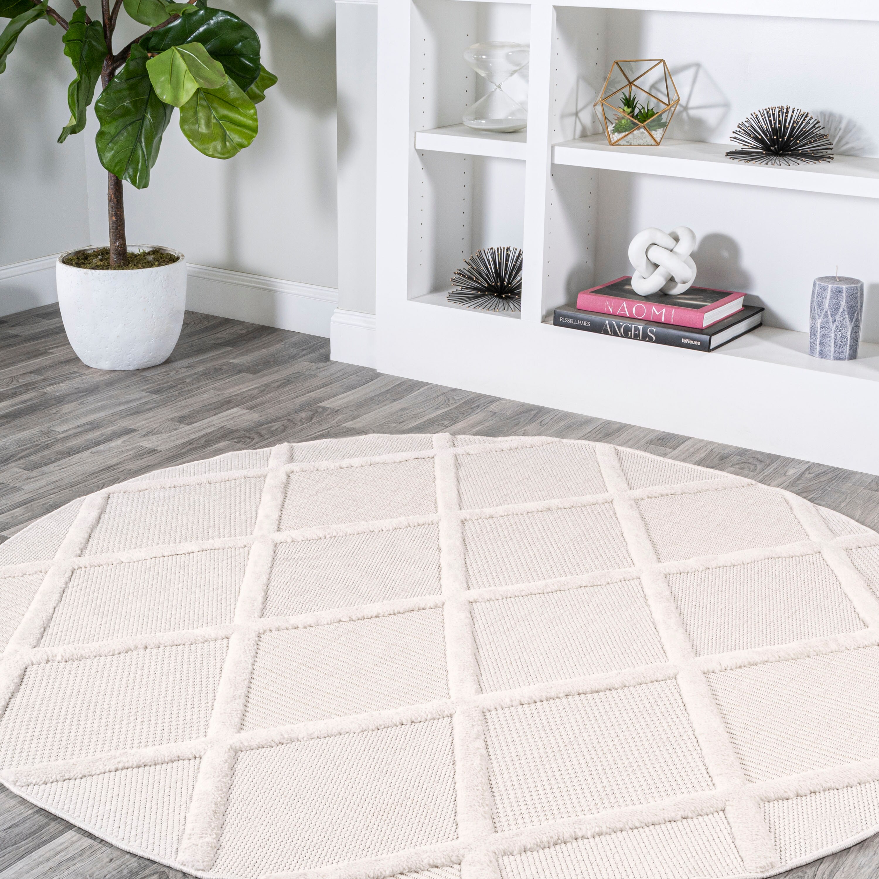 JONATHAN  Y IBZ101D-5R IBIZA Salines Diamond Trellis 5 x 5 (ft) Loomed Polypropylene Ivory Round Indoor/Outdoor Geometric Coastal Area rug