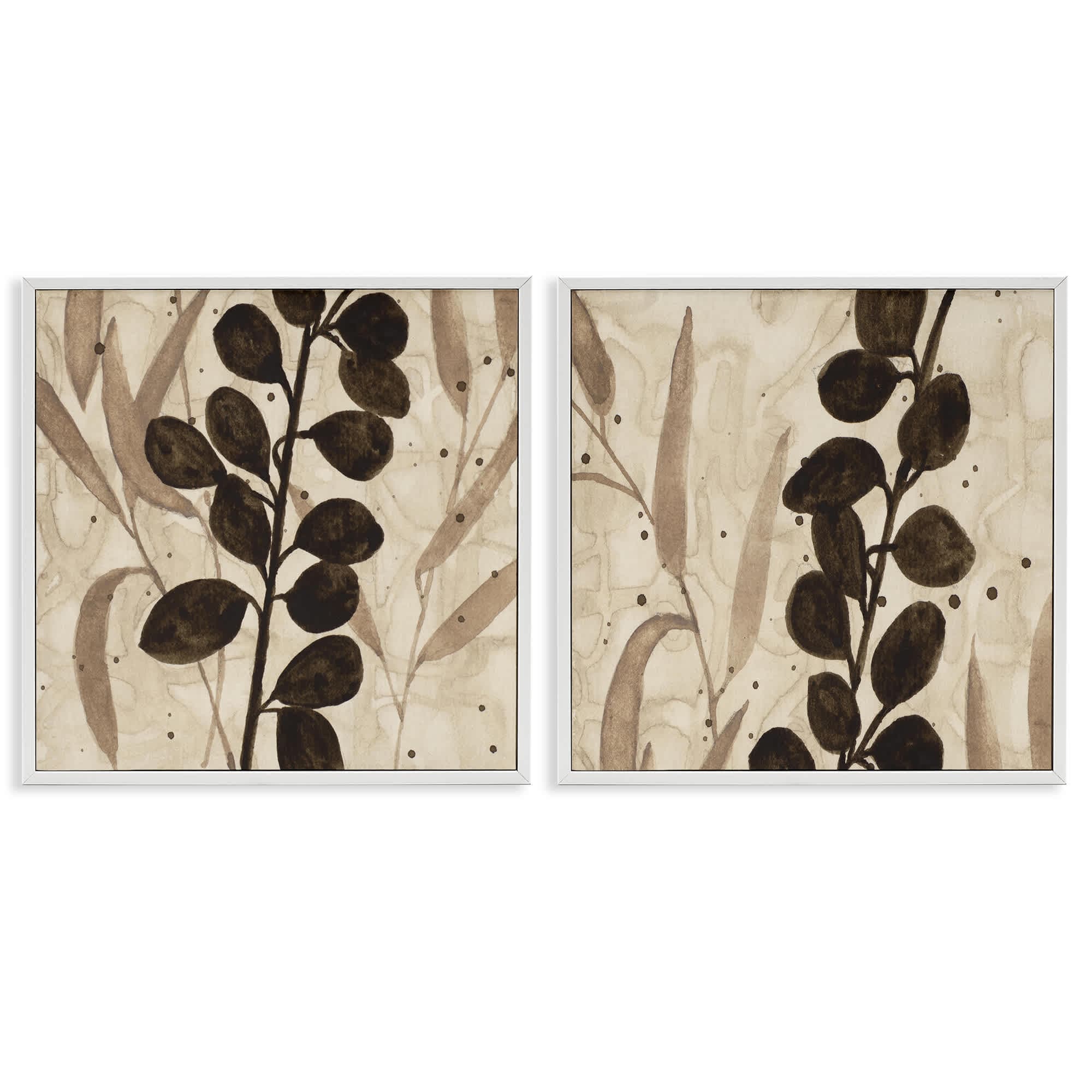 Stupell Industries B2-815-WFR-2PC-24X24 Natural Tone Sprouting Leaves 2pc Framed Giclee Set design by Krinlox