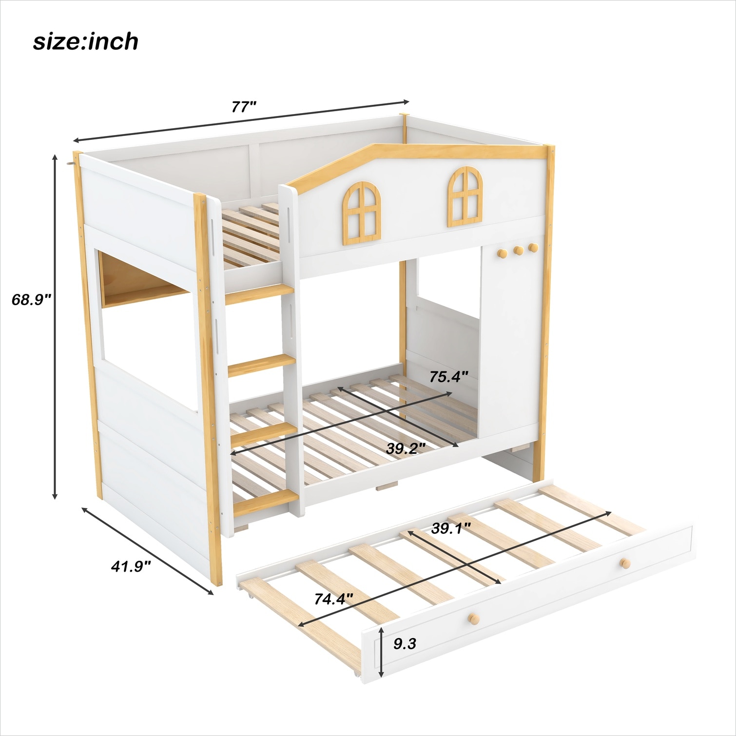 Watnature Twin Over Twin Bunk Bed with Trundle Storage Shelves and ...