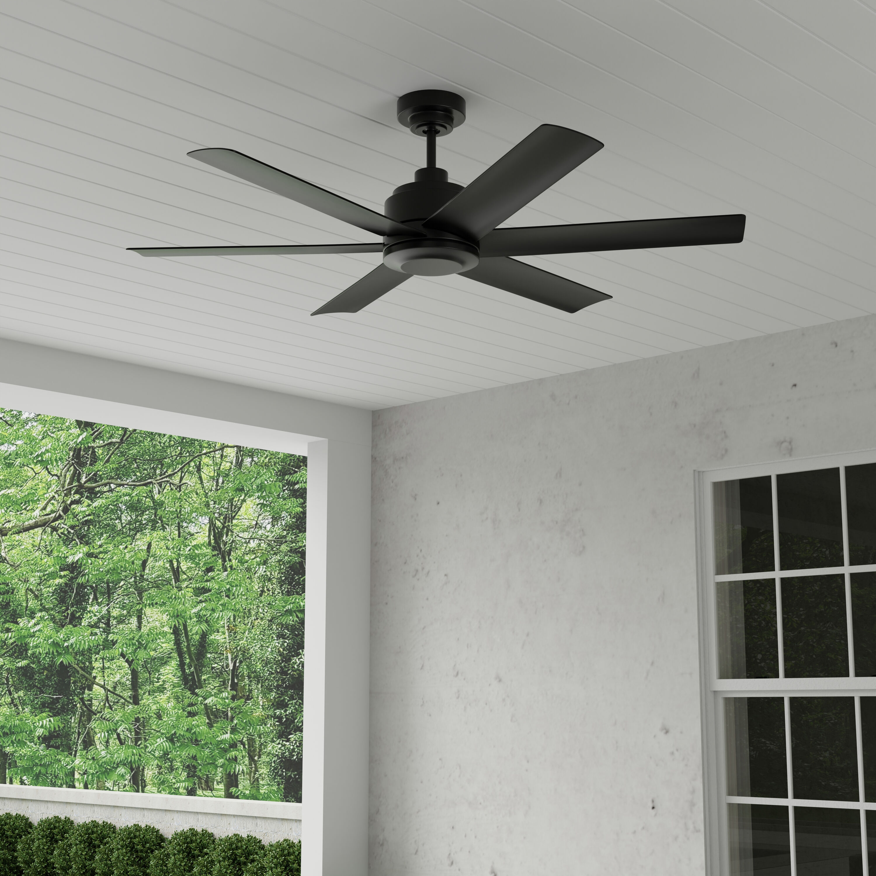 Harbor Breeze GRE52MBK6W Greystone 52-in Outdoor Downrod or Flush Mount Matte Black with Matte Blades Ceiling Fan Without Light 6 -Blade )