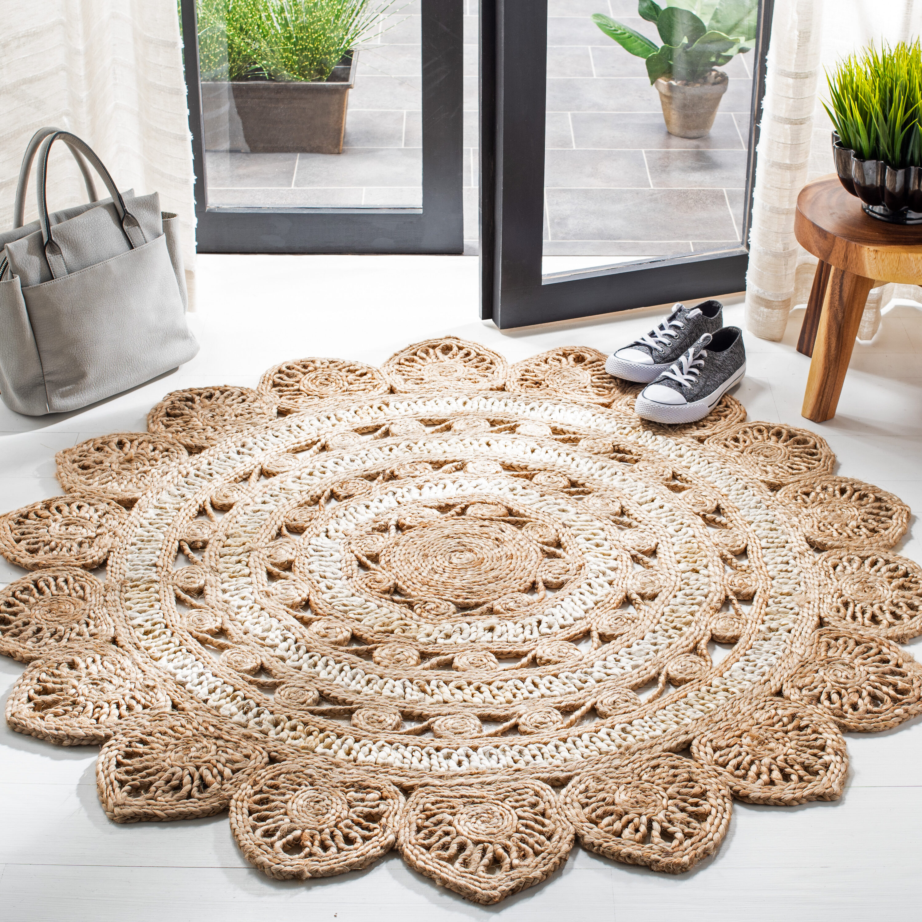  Natural Fiber 160 Ivory/Natural Bohemian 4ft x 4ft Round Rug