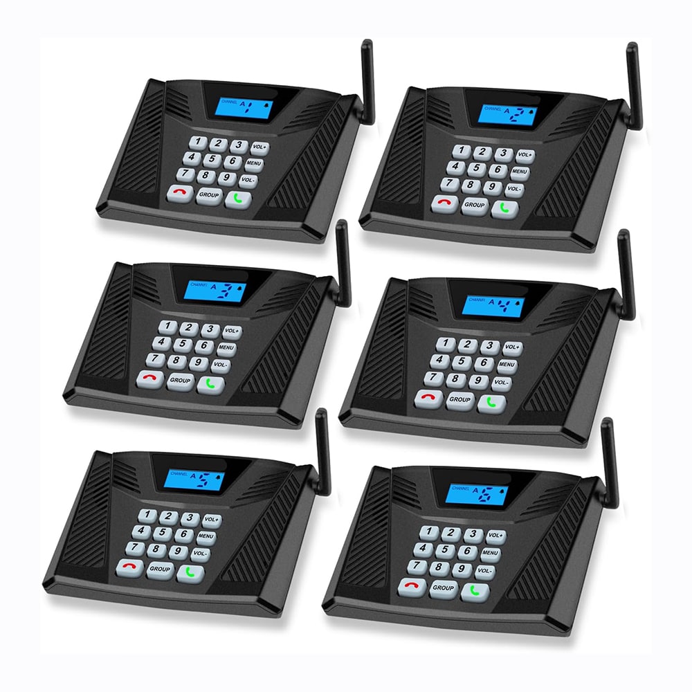 Etokfoks  Home Intercom System 6 Pack Full Duplex Hands Free Auto Answer 9 Channel 2 Code Black Units With 5300 Feet Range