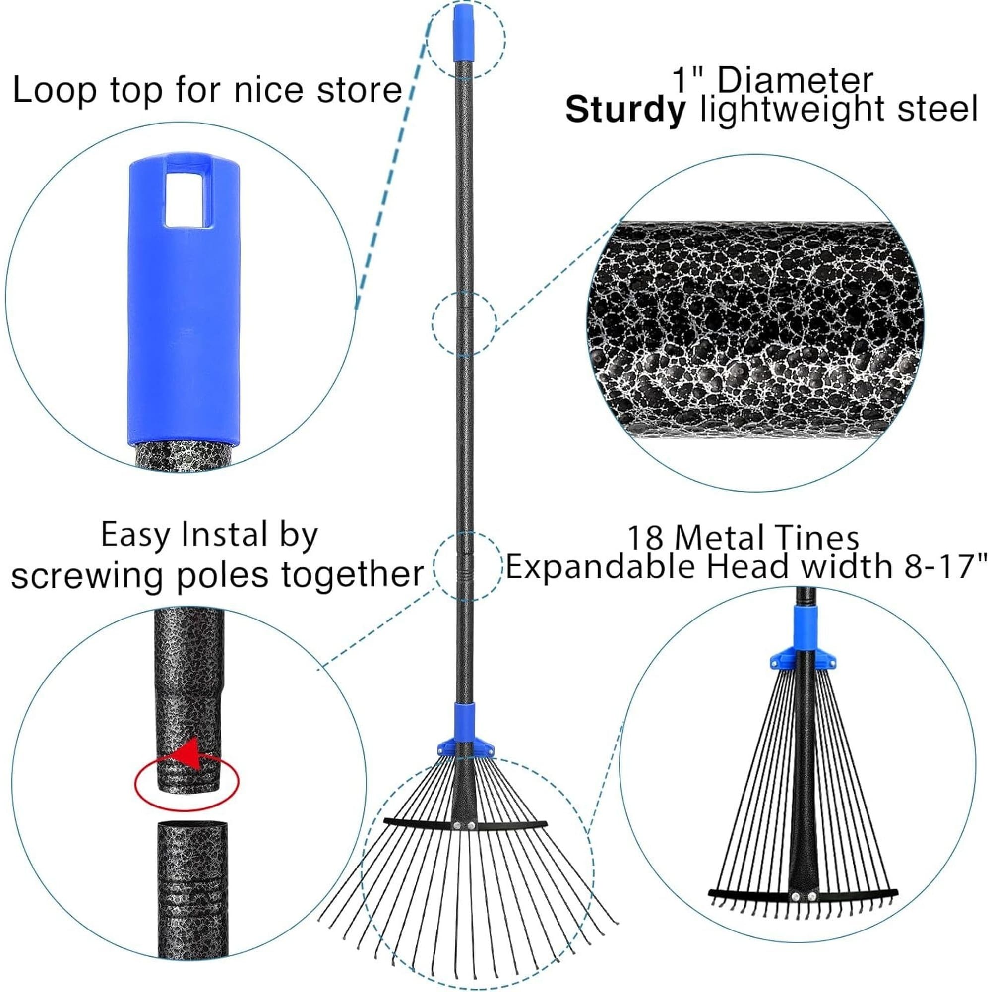 OGETFUUR Adjustable Metal Leaf Rake Long Handle Heavy Duty Expandable ...