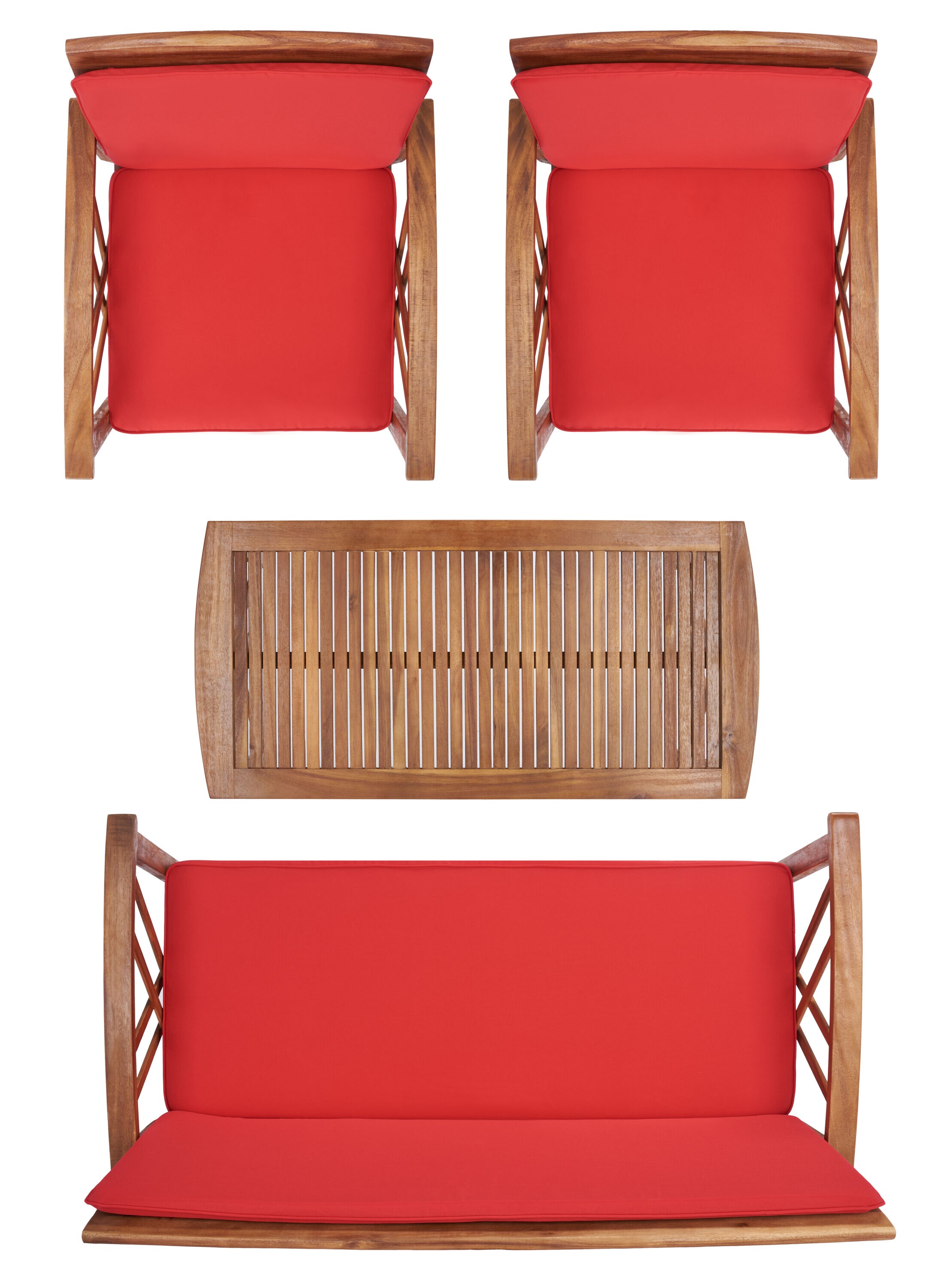 Fontana Natural Acacia Wood 4-Piece Outdoor Set with Red Cushions
