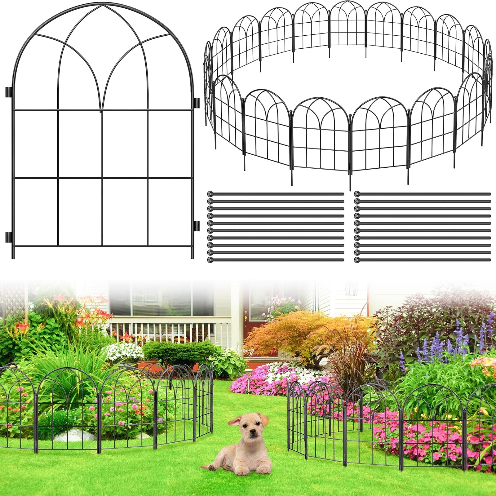 Justincity  19 pcs 12.55 in x 16.48 in Black Metal Garden Fence Animal Barrier Rustproof No Dig Outdoor Pet and Flower Bed Fencing for Yard
