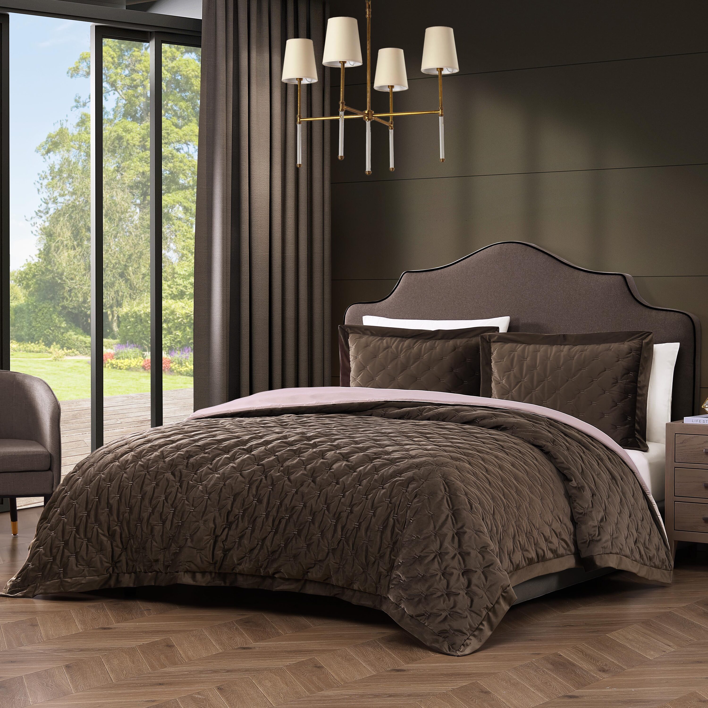 King Dark Brown Velvet Comforter Set with Microfiber Reverse