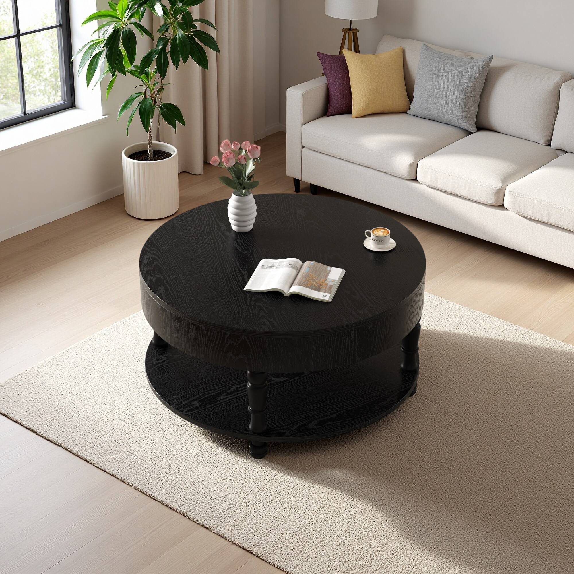 zwyo hosimu - 31.5-in Round Solid Wood and MDF Coffee Table with Hidden Storage Compartment and O...