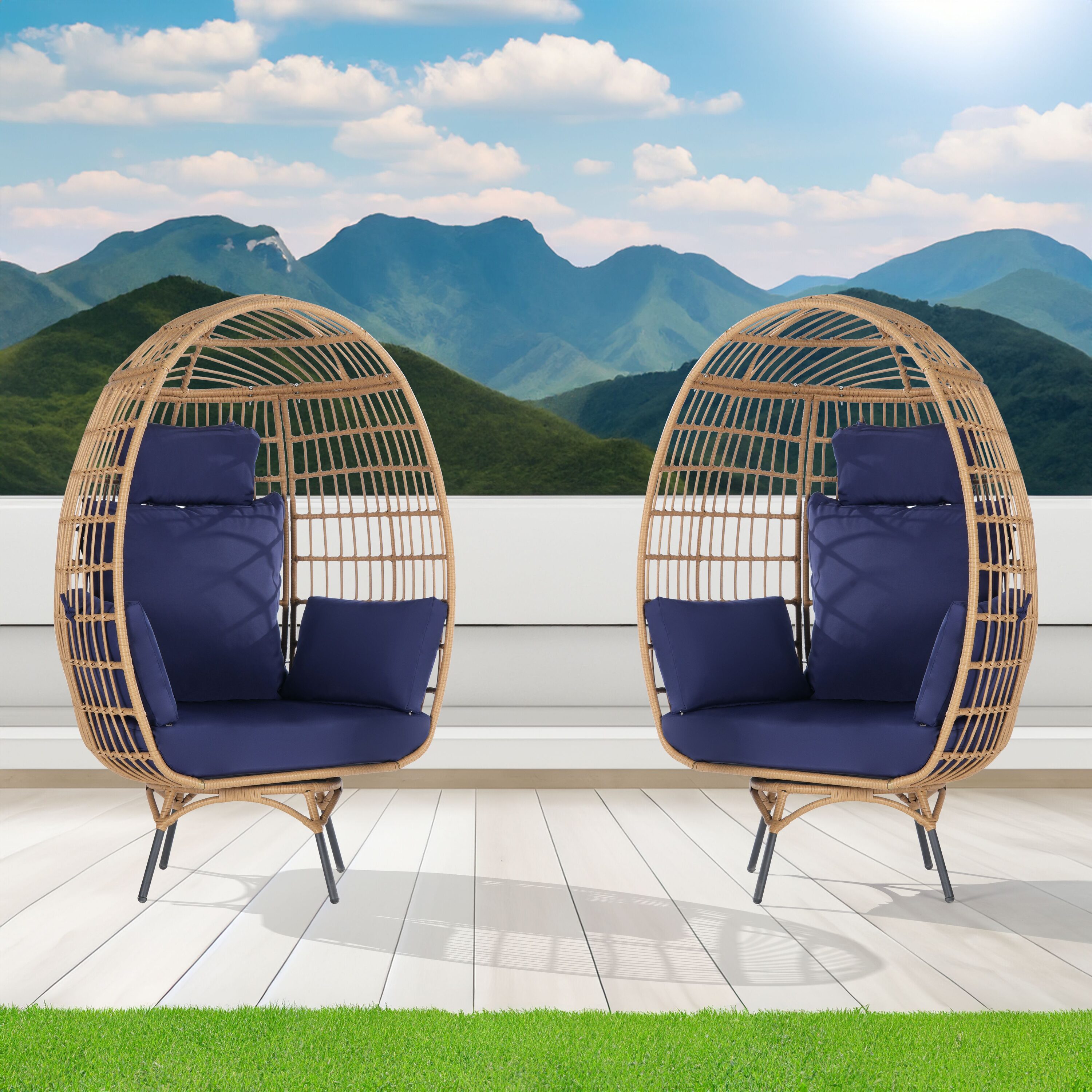 SANSTAR L-RJDC65NY-BB Patio Chairs Set of 2 Wicker Gray Metal Frame Spring motion Egg Chair with Navy 220gsm Polyester Cushioned Seat