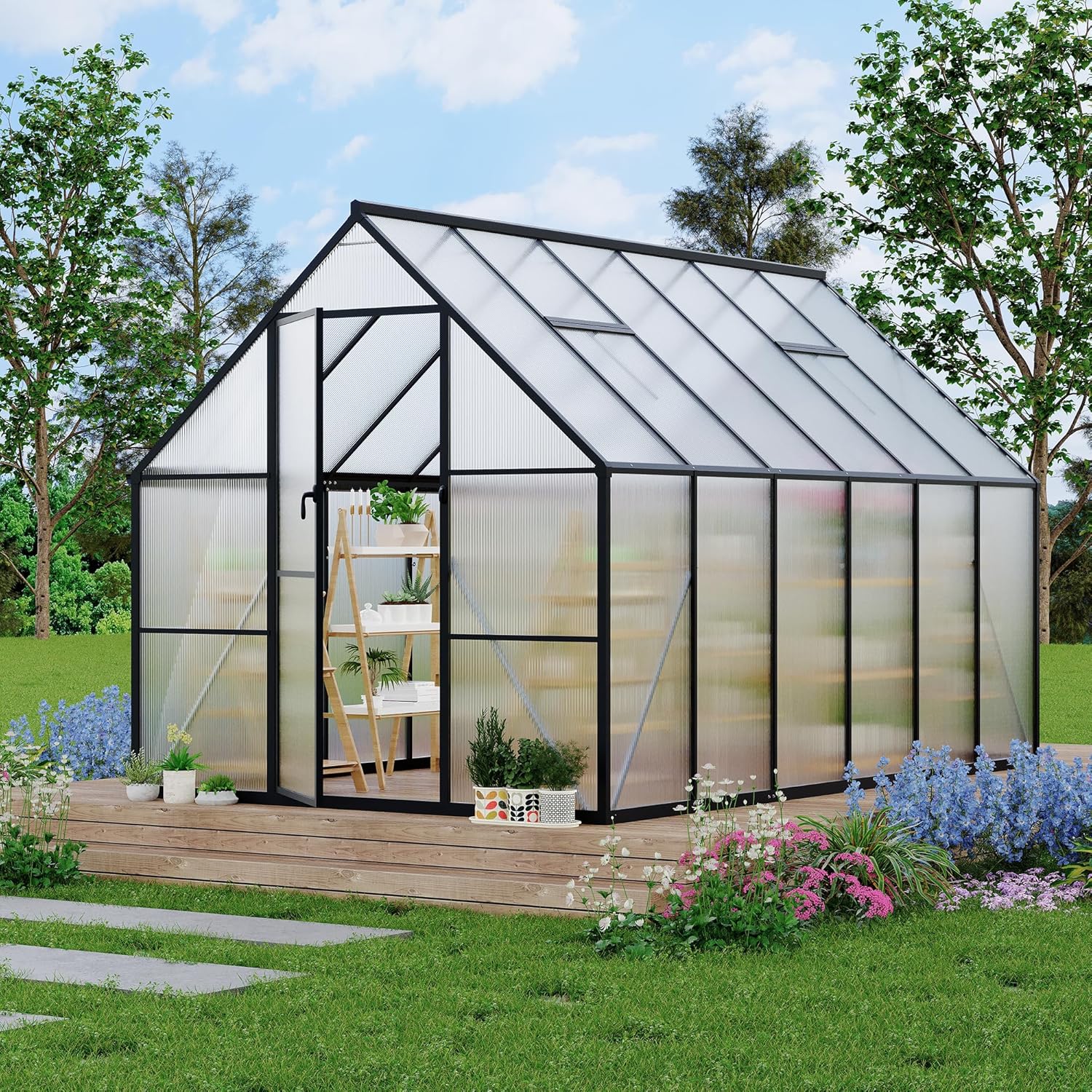 GAOMON 8x12 FT Polycarbonate Greenhouse with Aluminum Frame Roof Vent Gutter System and UV Protection for Outdoor Garden