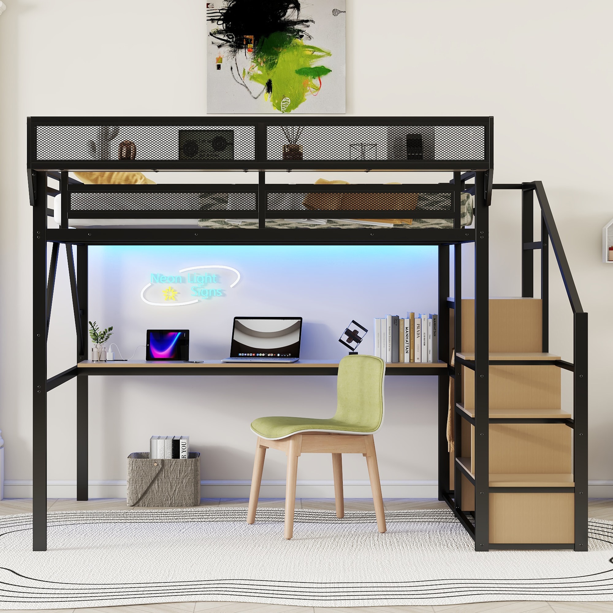 MAYEERTY Queen Size Metal Loft Bed With Desk Charging Station Stairs